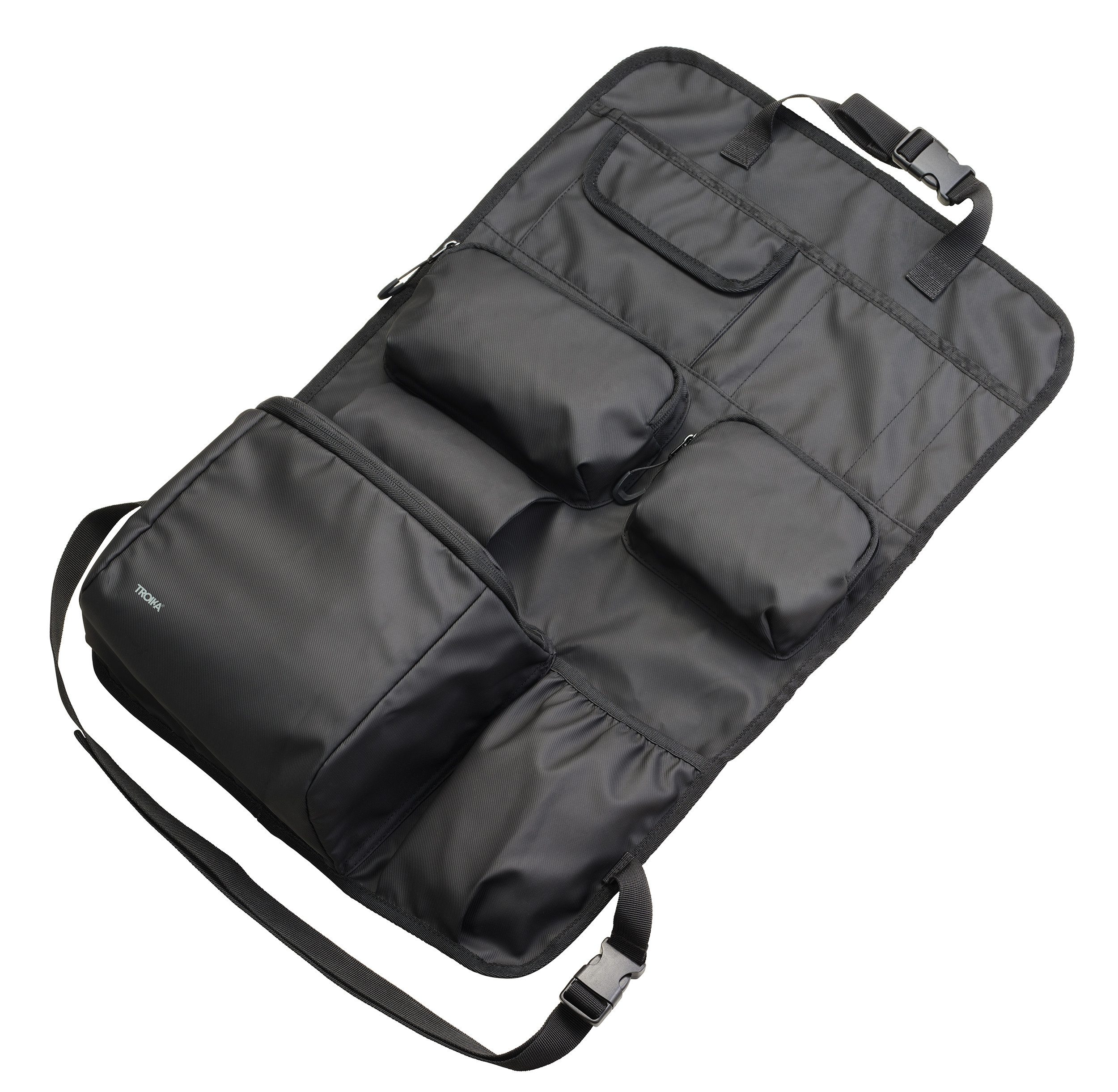 TROIKA Rücksitzorganizer BLACK CAR ORGANIZER mit 10 Fächern und Rückenlehnenschutz (1-tlg), aus wasserabweisendem Tarpaulin, mit Kühlfach für Snacks