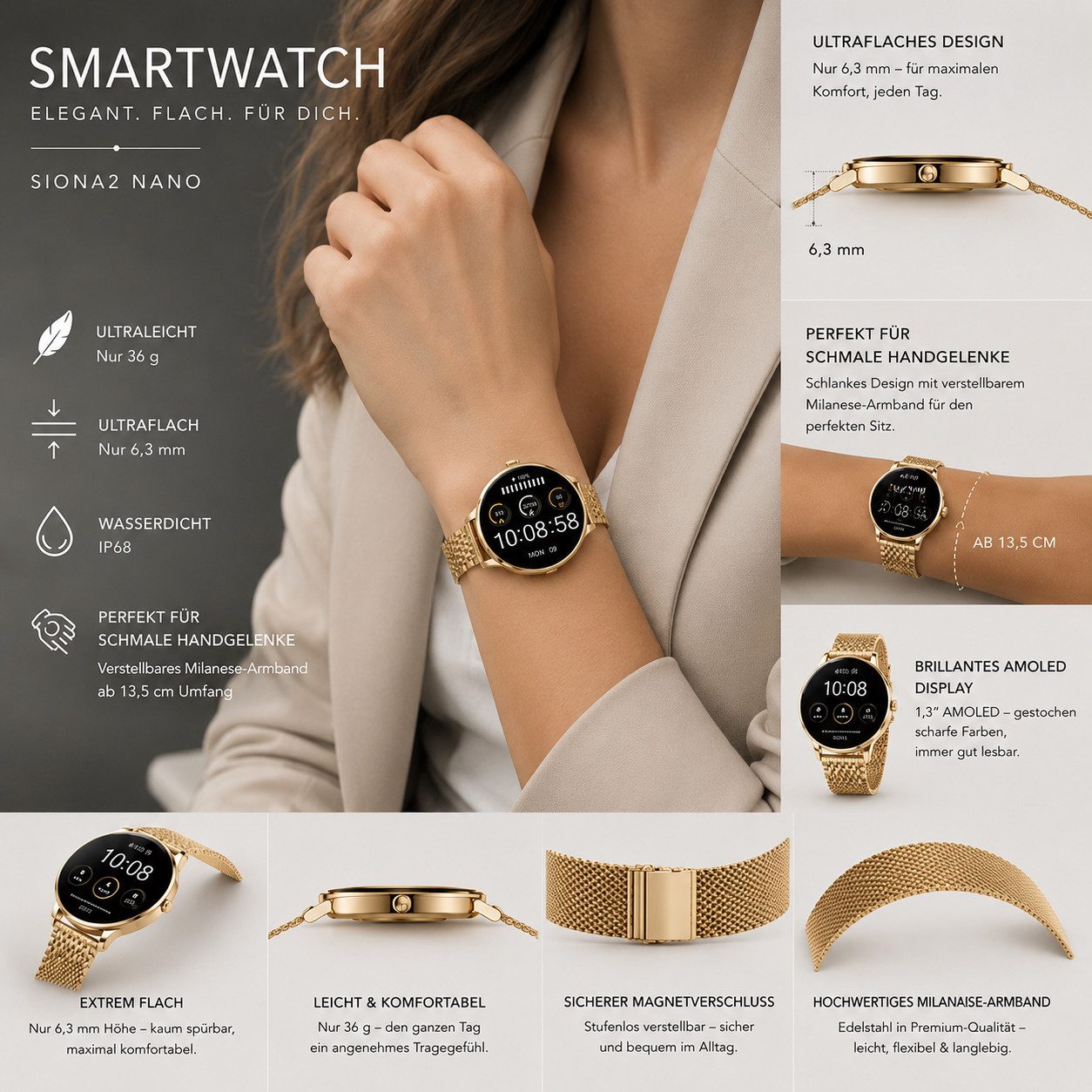 XCOAST SIONA2 ultraflache Damen Smartwatch (4,2 cm) AMOLED, Frauen Smartwach, Armbanduhr, 1-tlg., Edelstahl, dezente Damen Smart Watch, 7 Tage Akku, Blutdruck, Puls, Sport