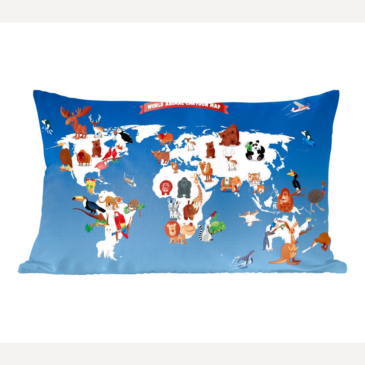 Weltkarte Kinder - Dekokissen MuchoWow - mit Wohzimmer Dekokissen Zierkissen, Dekoration, Füllung, Erde, Tiere Schlafzimmer