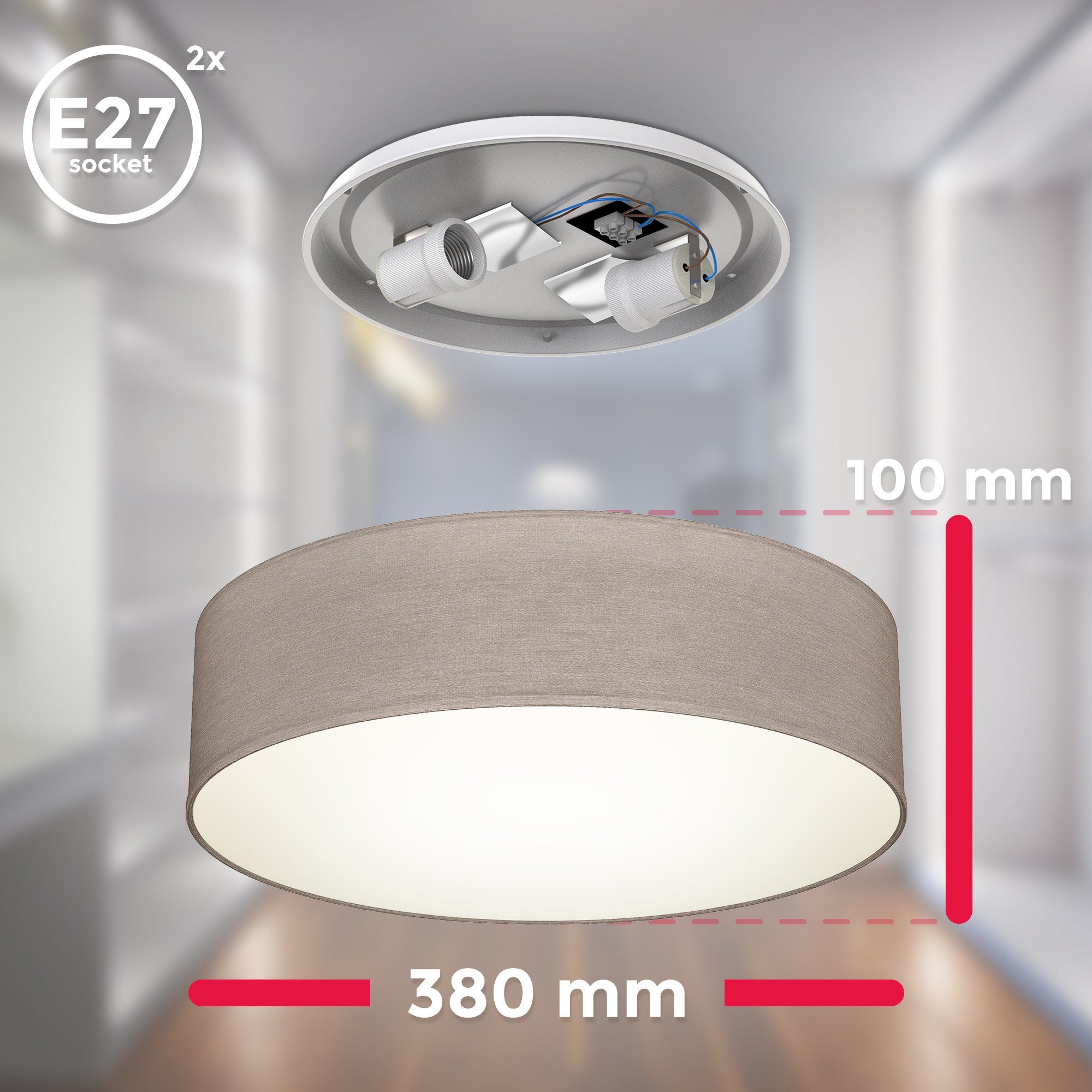 Deckenlampe Warmweiß, Wohnzimmer Textilschirm ohne 2xE27 Leuchtmittel, Deckenleuchte, LED Schlafzimmer taupe B.K.Licht Stoff