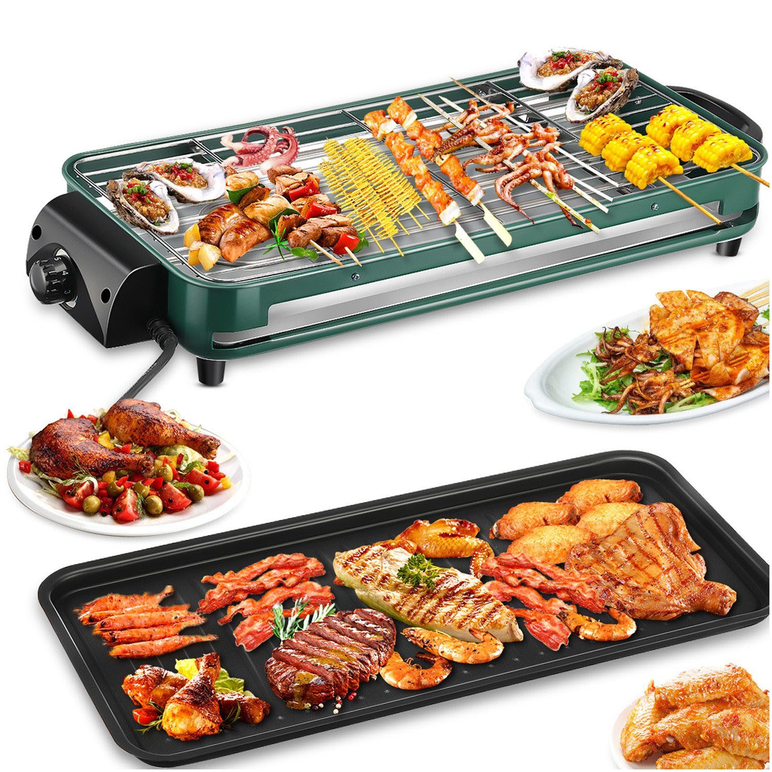 oyajia Teppanyakigrill Elektrogrill mit Antihaftbeschichtung, Edelstahl Tischgrills, Antihaftbeschichtung, regelbarer Thermostat mit 5 Stufen, Abnehmbares