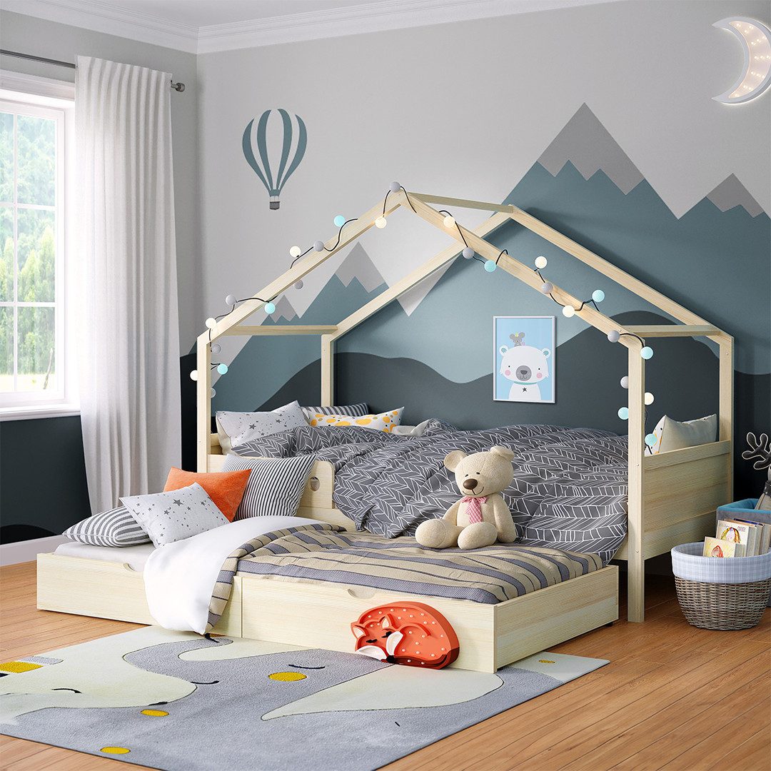 Bellabino Hausbett Bela 90x200 cm aus Massivholz Kiefer (natur inkl. Gästebett 90x190 cm, optional mit Matratze), Kinderbett mit verstellbarem Rausfallschutz
