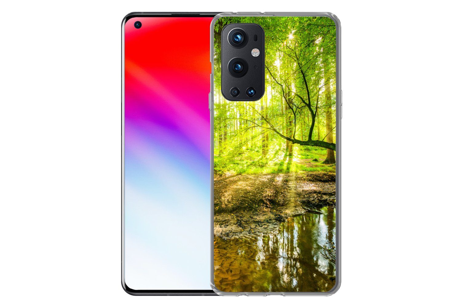 MuchoWow Handyhülle für OnePlus 9 Pro Wald - Landschaft - Wasser - Bäume - Sonne - Grün -, Phone Case, Silikon, Schutzhülle Dünn