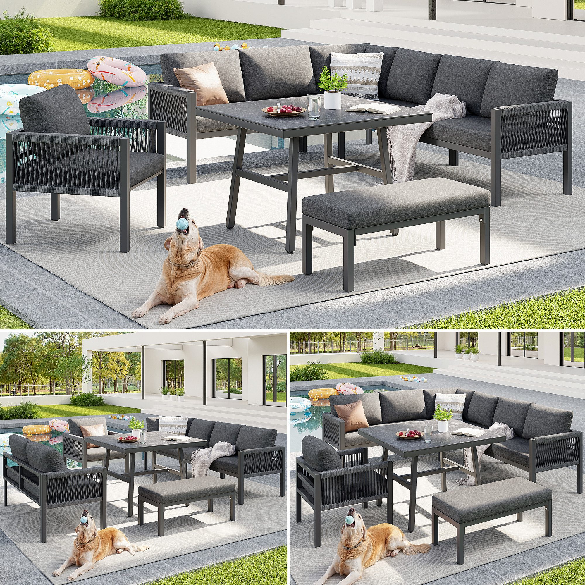 HAUSS SPOLE Gartenlounge-Set 8 Personen Garten Sofa Modulares Lounge Set Flexible L-Form Armlehnen, (Sessel-Sofa,Einzelsofa,Hocker,Tisch, Sessel 118×61×80cm,Sofa 65×61×80cm,Hocker 79×38×31cm,Tisch 80×80×70cm)