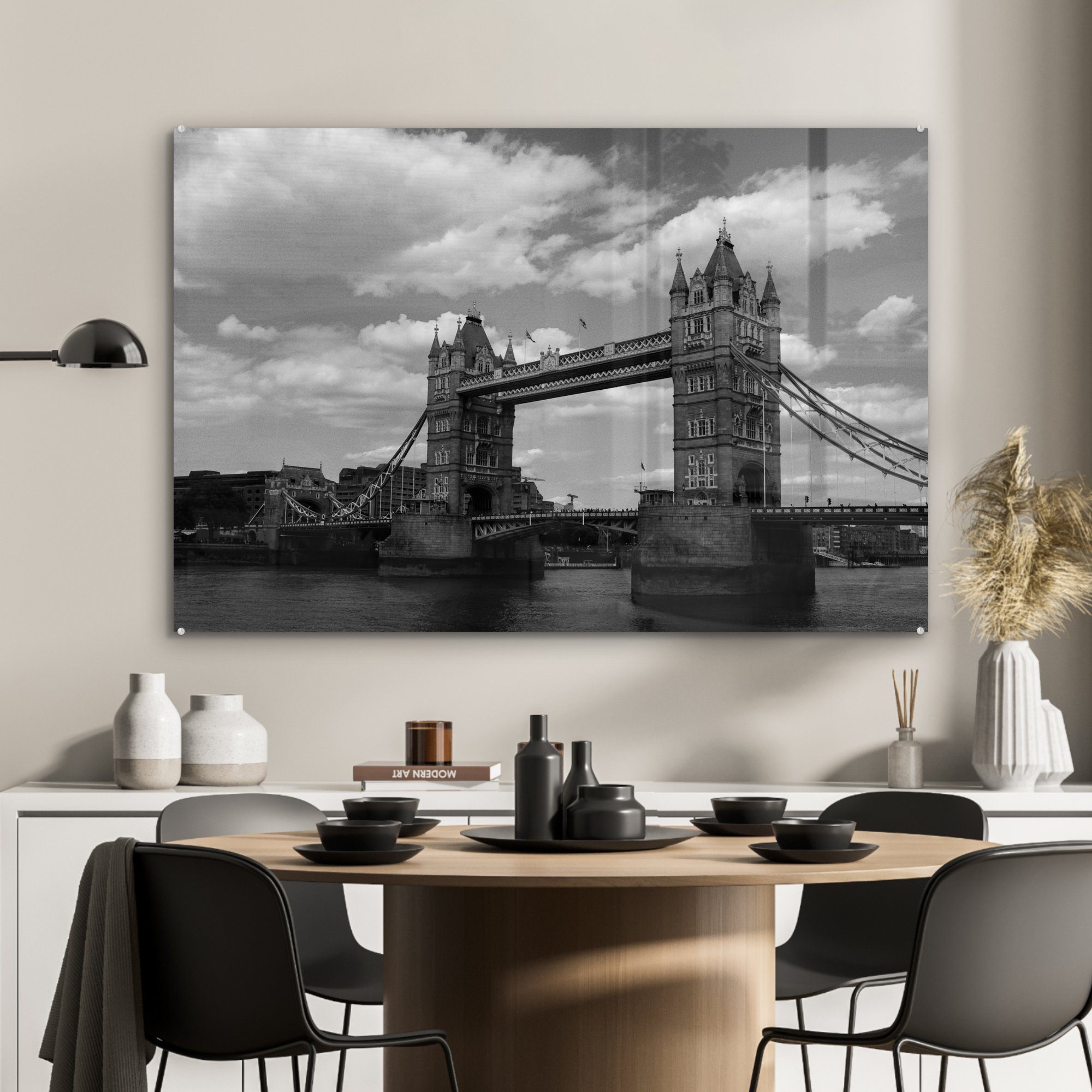 Schwarz-Weiß-Bild & der ikonischen (1 Acrylglasbilder Schlafzimmer St), MuchoWow Bridge London, Wohnzimmer in Acrylglasbild Tower