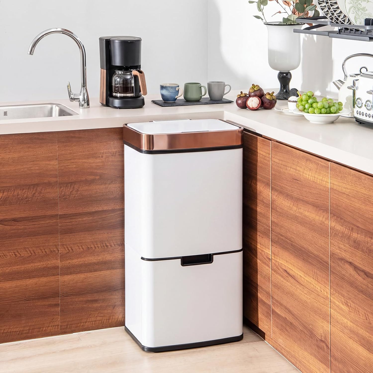 COSTWAY Mülltonnenbox, 72L(2x11L + 3,5L + 46,5L) mit Sensor, sanft Verschluss