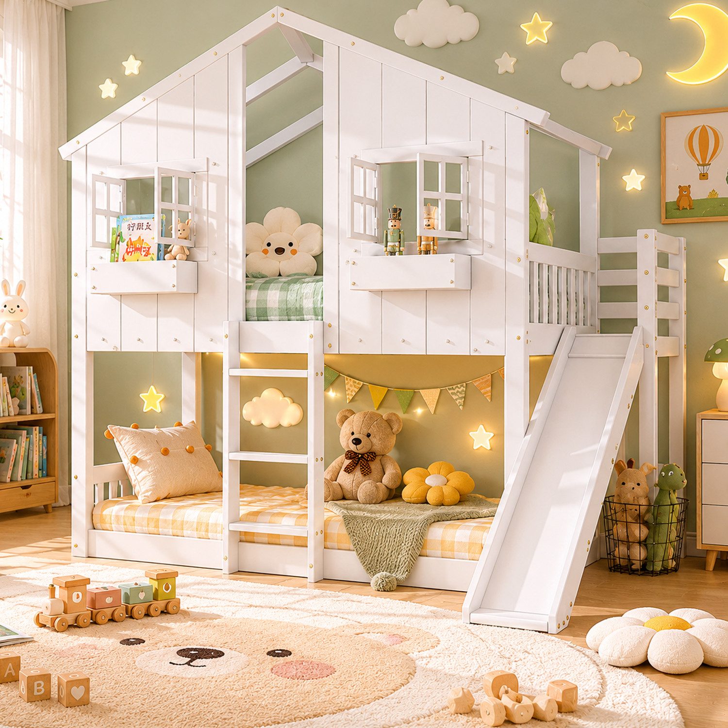KLAM HOME Etagenbett Spiel-Etagenbett mit Rutsche, Dach und Fenster aus Kiefernholz (Kinder Etagenbett 90x200cm mit Fallschutzgitter & dreistufiger Leiter), Weißes Hochbett mit freiem Unterraum für Spiel und Stauraum