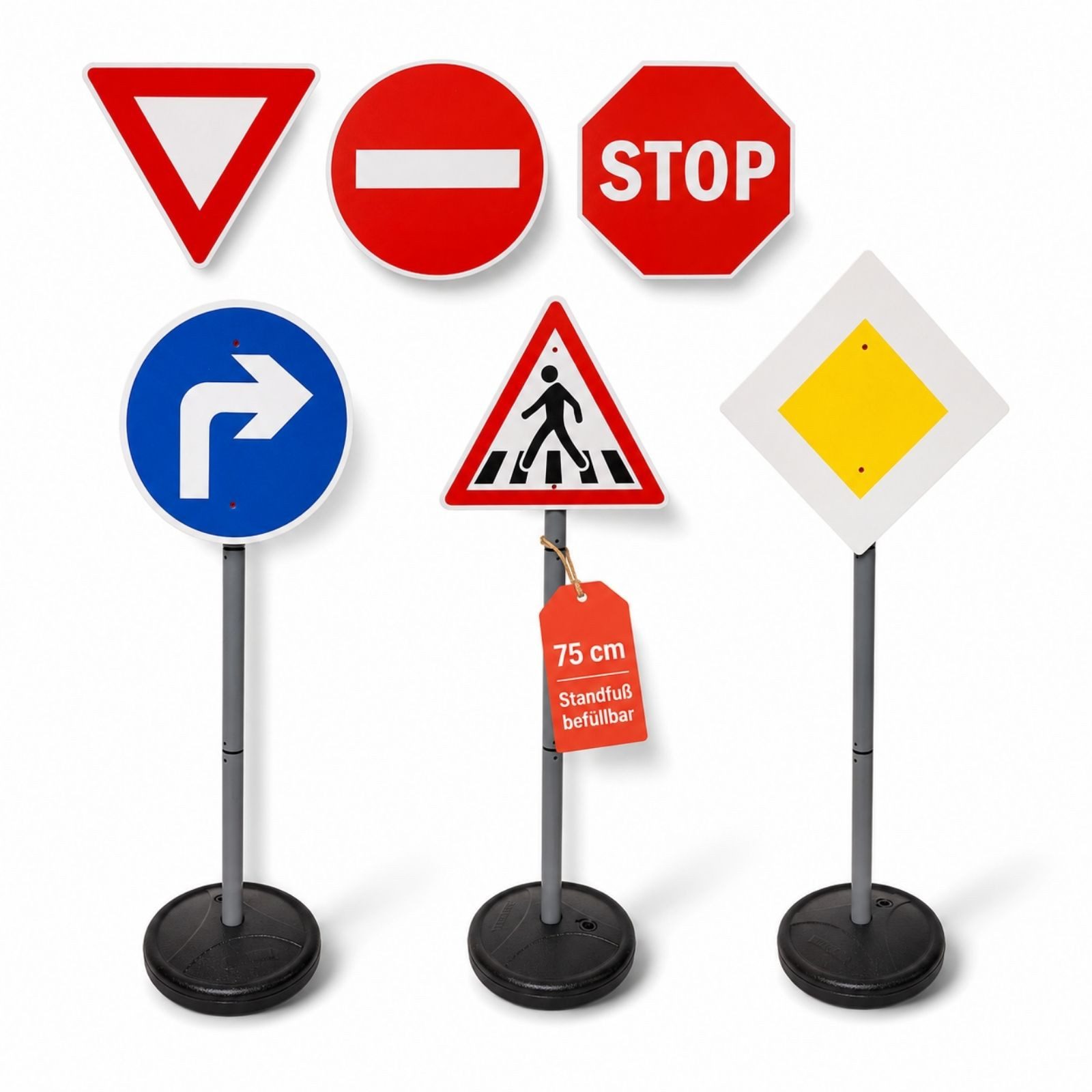 alldoro Spiel-Verkehrszeichen Verkehrszeichen-Set für Kinder - 6 Straßenschilder 75 cm hoch, Standfüße befüllbar, Set für Verkehrserziehung und Rollenspiele