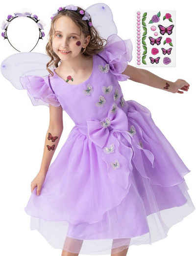 Corimori Prinzessin-Kostüm Prinzessin Kleid Kostüm-Set für Kinder Schmetterling, mit Tattoos & Haarband, Feen-Kleid, Fasching, lila, Fee, Mädchen