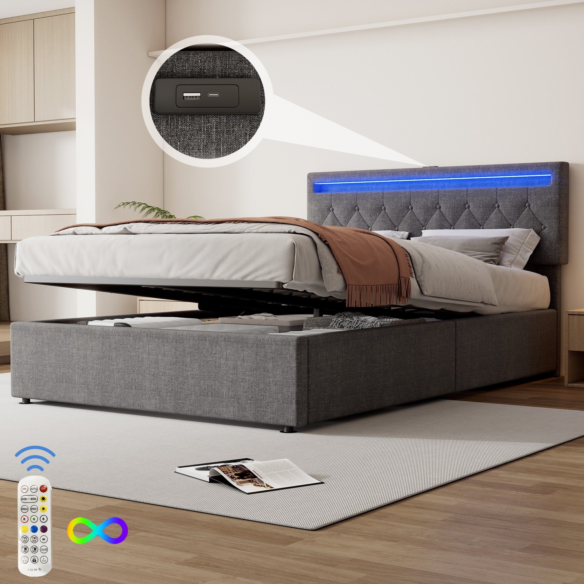 Fanttik Bettgestell Polster-Flachbett mit Hydraulik-LED & günstig online kaufen
