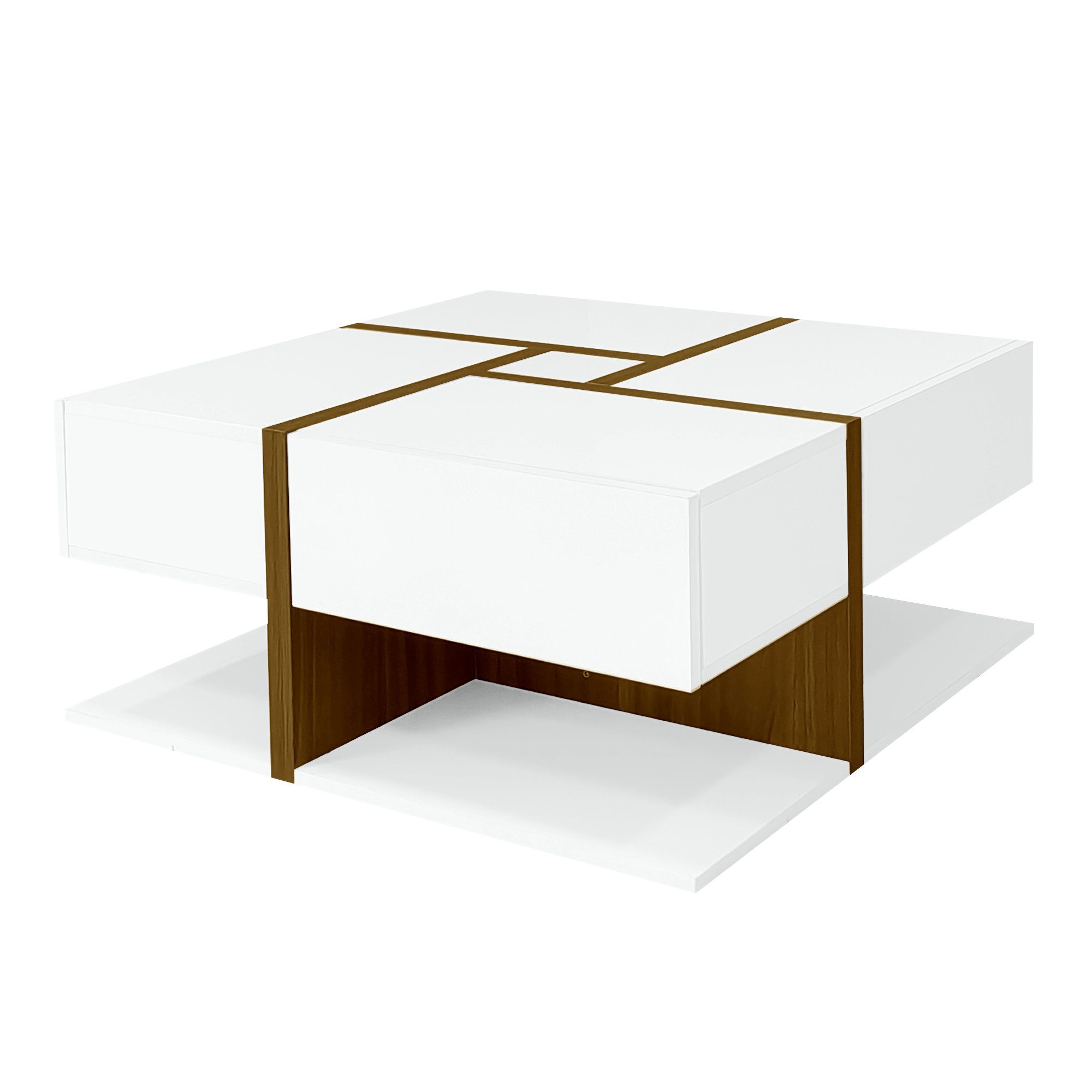 EXTSUD Couchtisch Hochglanz-Couchtisch 4 Schubladen – Quadrat & Linien (ein Tisch), einzigartige Farbabstimmung und Liniendesign, Stauraum unten