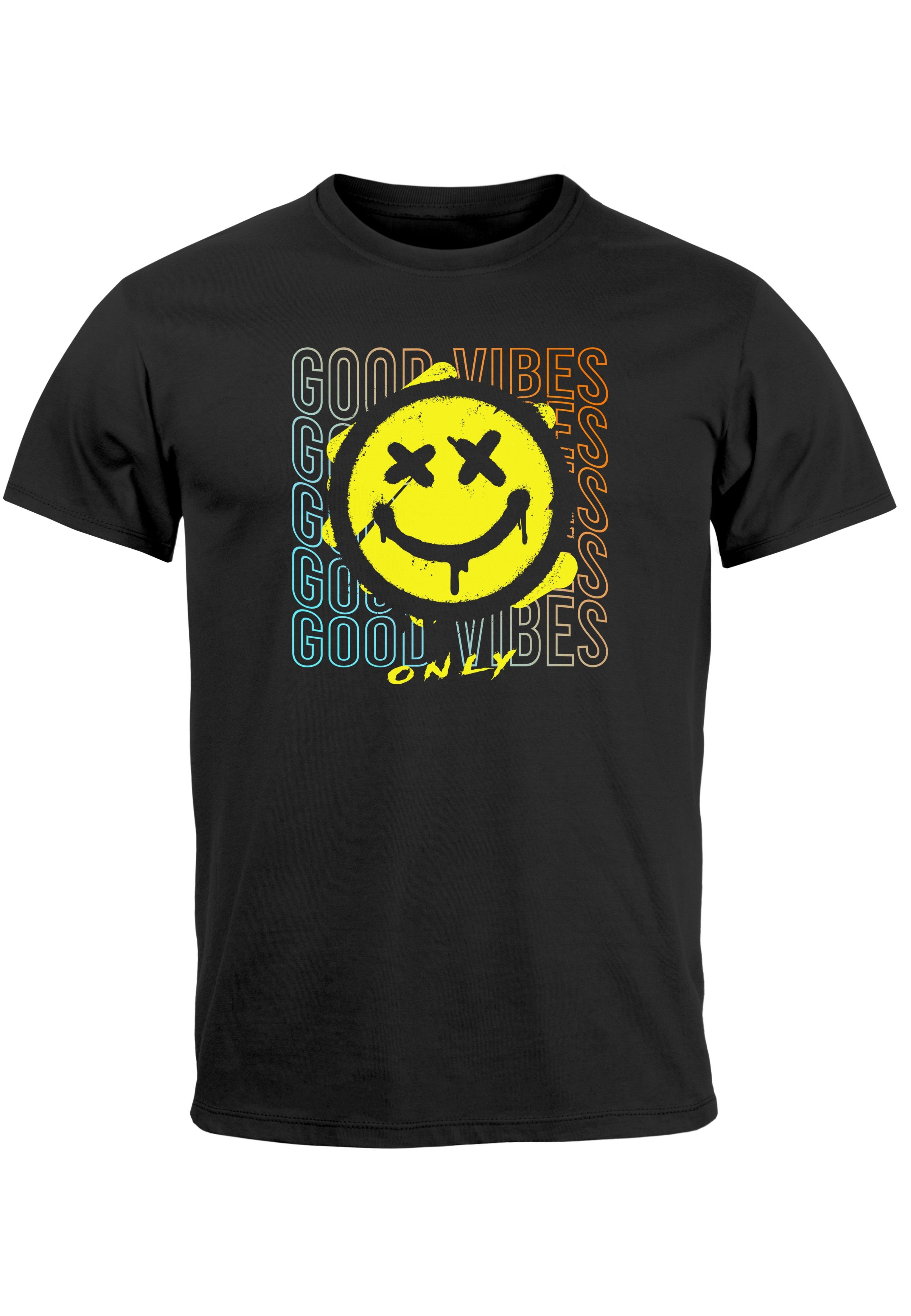 mit Good Bedruckt Aufdruck schwarz T-Shirt Face Smiling Herren Vibes Neverless Print Teachwe Print Print-Shirt