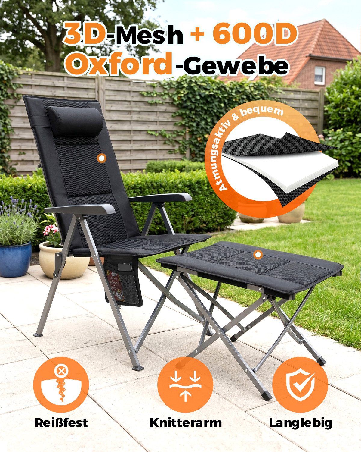 HOMECALL Klappstuhl Campingstuhl Faltbar 3D-Mesh + 600D Oxford Gartenstuhl Hohe Lehne – Bild 4 von 5