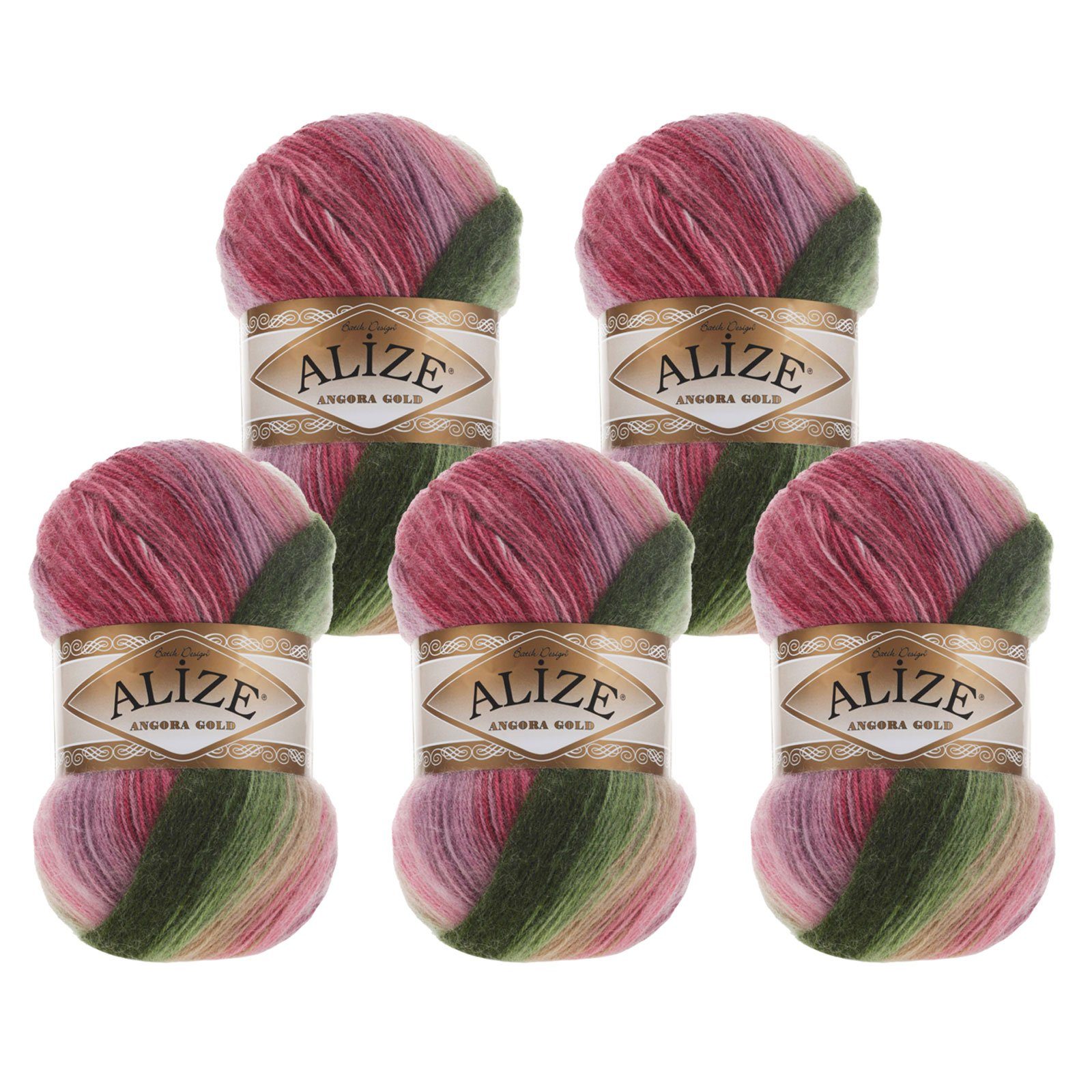 Alize 5 x 100g Farbverlaufsgarn Alize Angor Gold Batik 20% Wolle Winterwolle Häkelwolle, 2750 m (Sparpaket, 5-St), 2527 Wassermelone