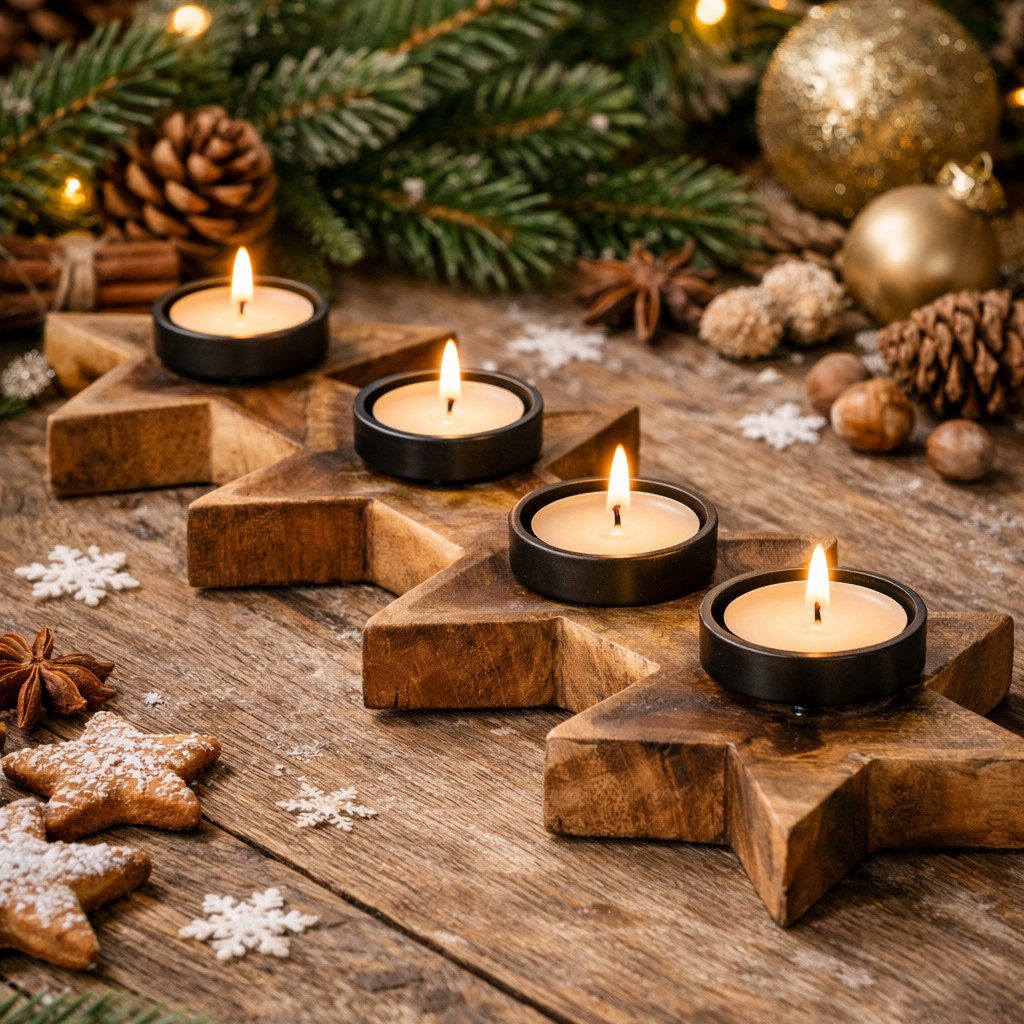MF Adventsleuchter Teelichthalter Holz Asteria Stern aus Mangoholz für 4 Teelichter (1 St)