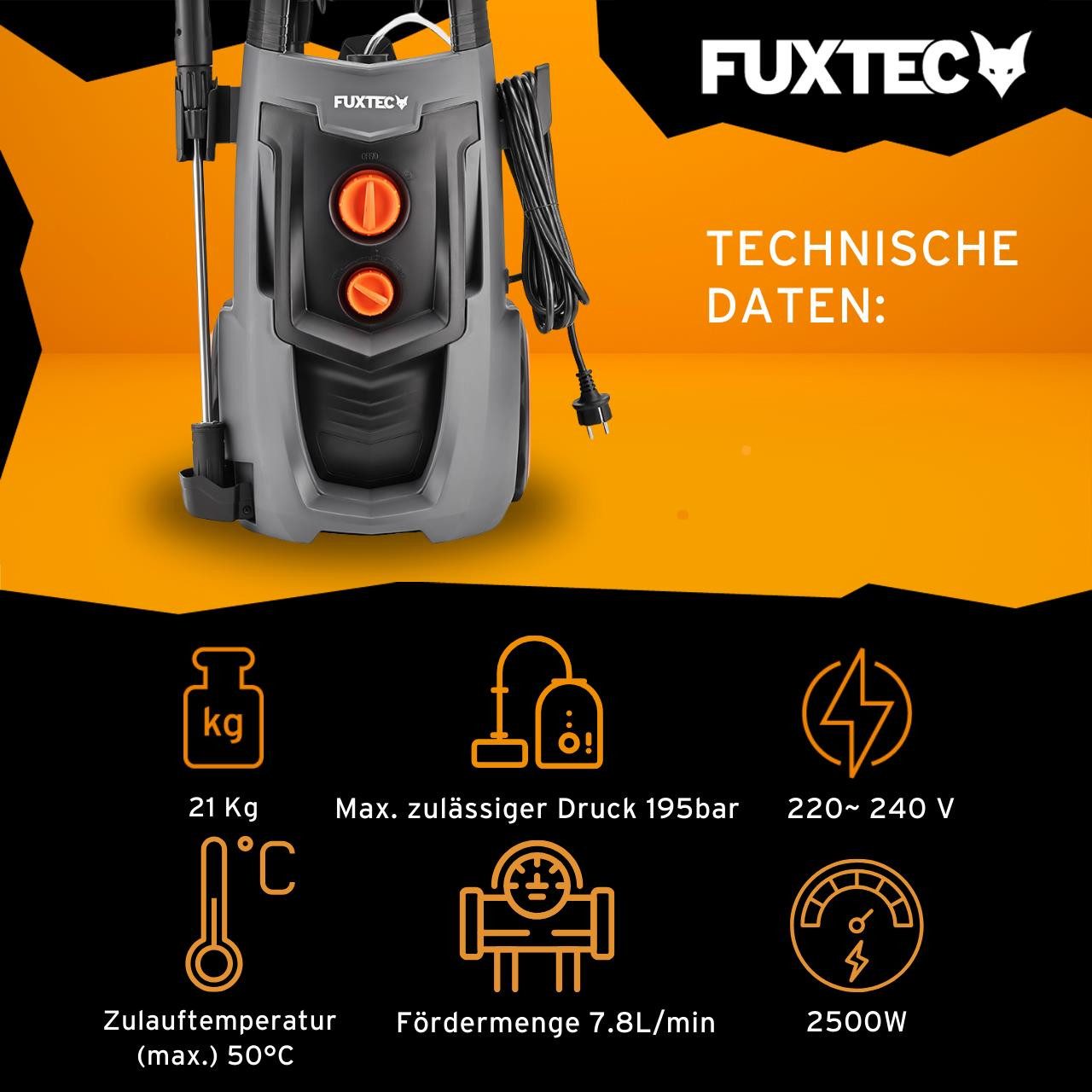 FUXTEC Hochdruckreiniger FX-HDRP2500, 2,5 W, Druck max: 195 bar, 2,5 W, Fördermenge max: 7.8 l/min – Bild 2 von 5