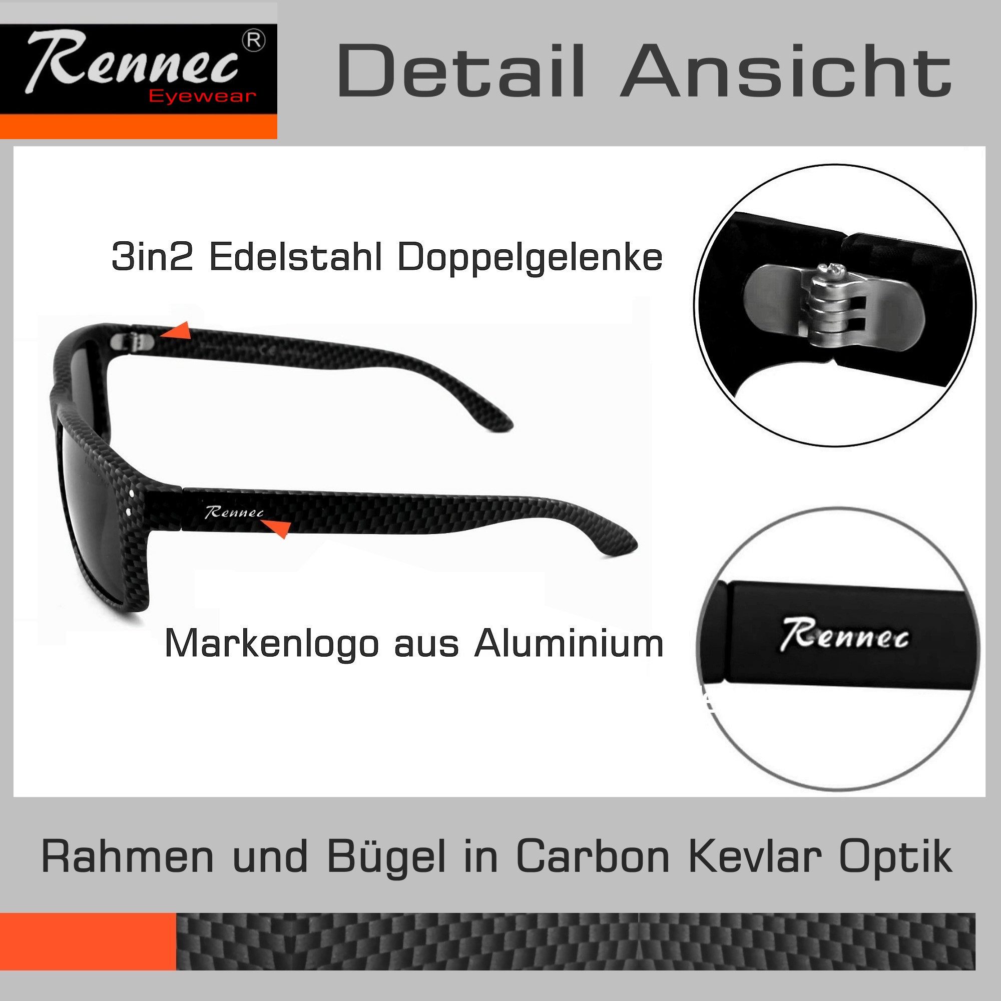 Rennec Sonnenbrille Herren Rechteckig Carbon Schwarz Design Silber Verspiegelt stabile Edelstahl Bügelgelenke, Markenschriftzug, UV400 Gläser