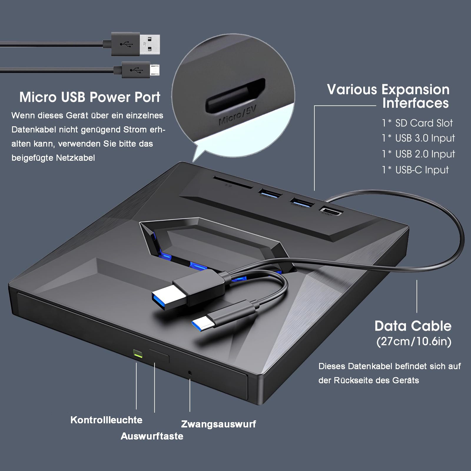 XERSEK Externes CD DVD Laufwerk USB 3.0 Type-C mit SD/TF Micro USB Portable DVD-Brenner (für Laptop Desktop Macbook Windows 7/8/10/XP Linux Mac OS Vista)