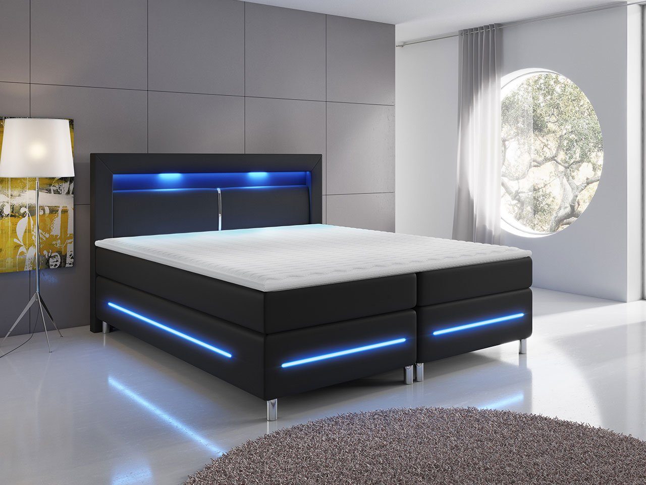 MIRJAN24 Boxspringbett Milano LED (Bonellmatratze), Blauer LED-Beleuchtung, Stahlfüße, 140/160/180 cm
