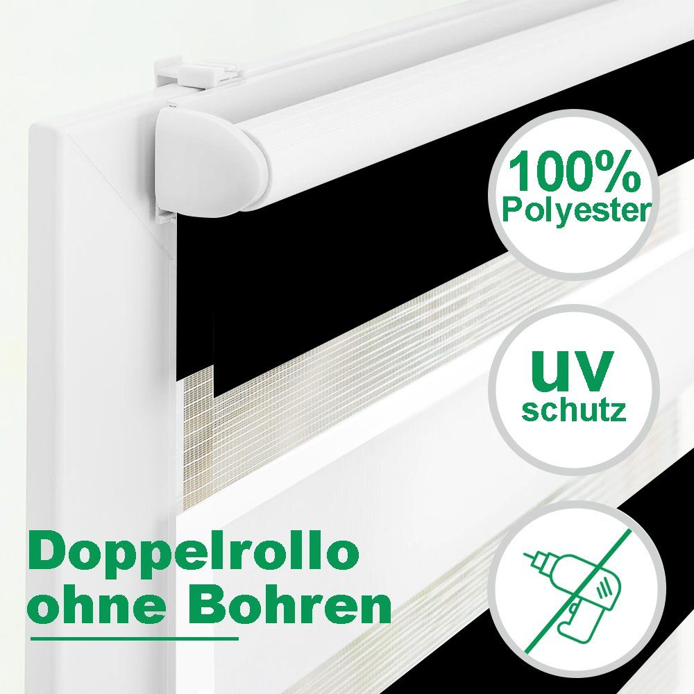 Bohren, Doppelrollo Lichtdurchlässig Sonnenschutz, und Ohne klemmfix,klemmträger, 130cm/160cm, Vkele, Verdunkelnd. Weiß-Schwarz Fensterrollos