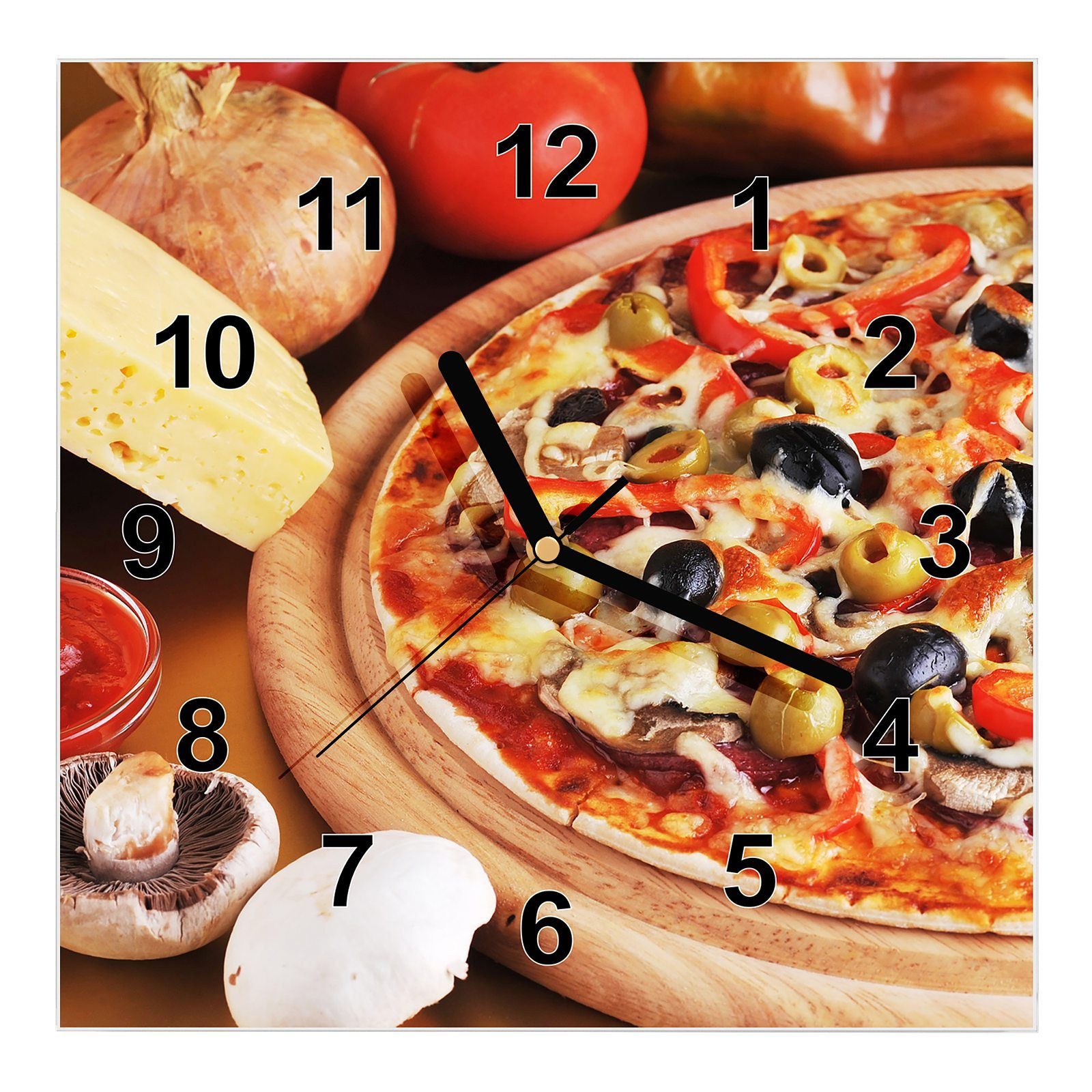 Wanduhr Primedeco und Wandkunst x mit cm Wanduhr Pizza 30 Größe Gemüse Motiv Glasuhr 30