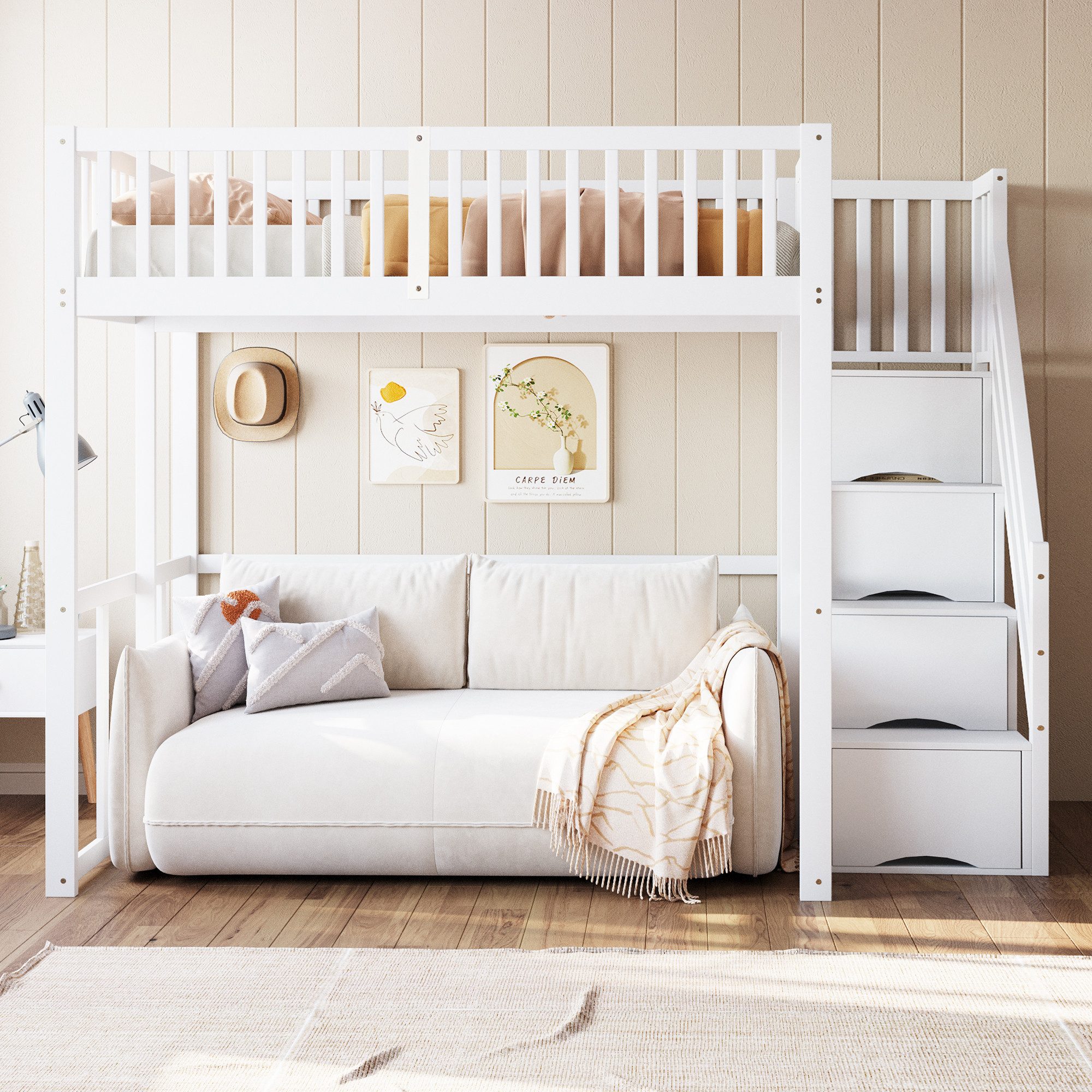 REDOM Kinderbett mit großem Kleiderschrank Regal und Tisch (Hochbett 1400x200 cm mit sicherer Aufbewahrungstreppe, stabilem Kiefernholzrahmen für Kinder & Jugendliche – Platzsparend, mit unterem Stauraum für Spielecke & Lernbereich – Ideales Kinderzimmermöbel, 140 x 200 cm), ohne Matratze