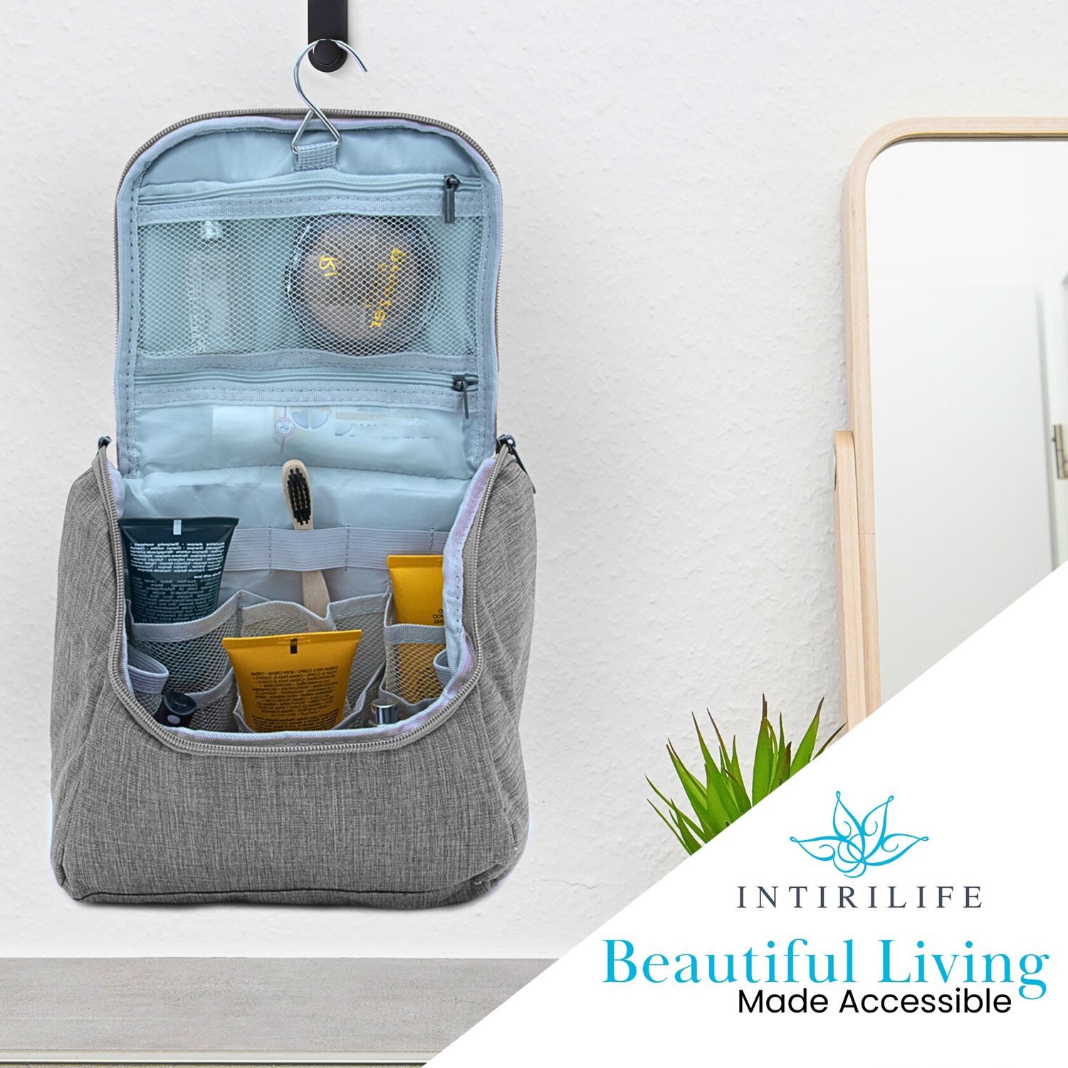 Intirilife Kosmetiktasche (Kosmetik Reisetasche in GRAU), Kosmetiktasche Kulturbeutel mit Tragegriff und Reißverschluss