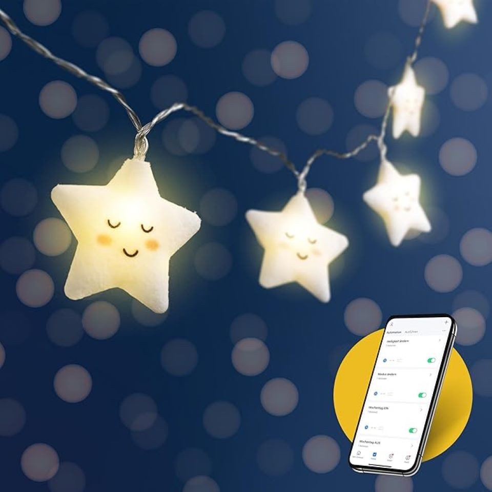 COZY HOME Lichterkette Sterne für Kinder, mit APP steuerbar, Batterie & Stecker, 20 warmweiße Sterne, 8 Modi, Dimmbarkeit & Musikmodus