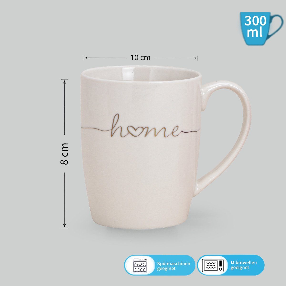 matches21 HOME & HOBBY Tasse Schöne Kaffeetassen 6er Set einfarbig Herzen mit Spruch Home, 6-tlg., Porzellan, Tee Kaffee-Becher, klassisch, rosa pink weiss goldfarben, 300 ml
