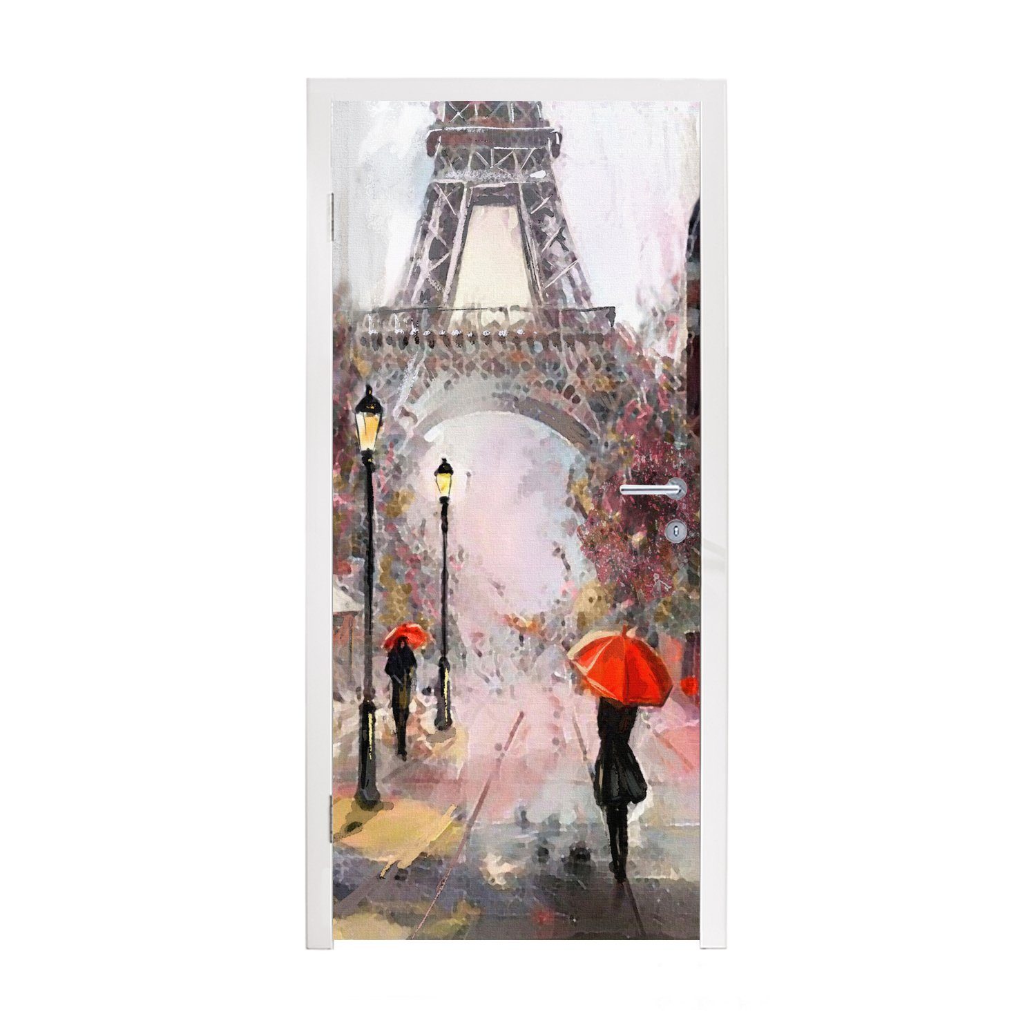 MuchoWow Türtapete Gemälde - Paris - Eiffelturm - Regenschirm - Ölgemälde, Matt, bedruckt, (1 St), Fototapete für Tür, Türaufkleber, 75x205 cm