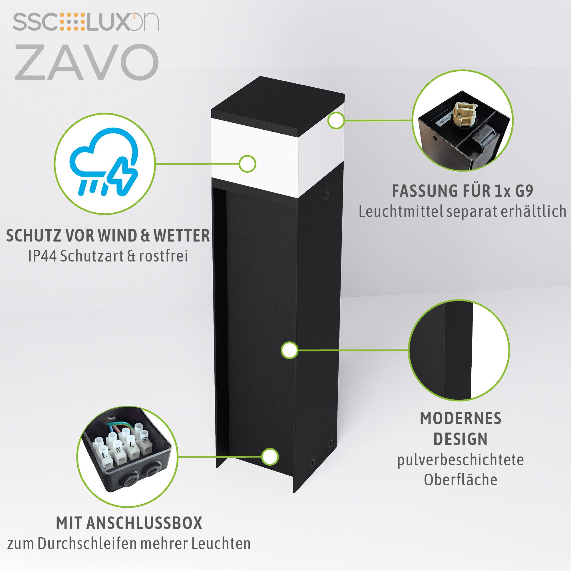 SSC-LUXon LED Gartenstrahler SSC-LUXon ZAVO Wegeleuchte IP44 für G9 Leuchtmittel