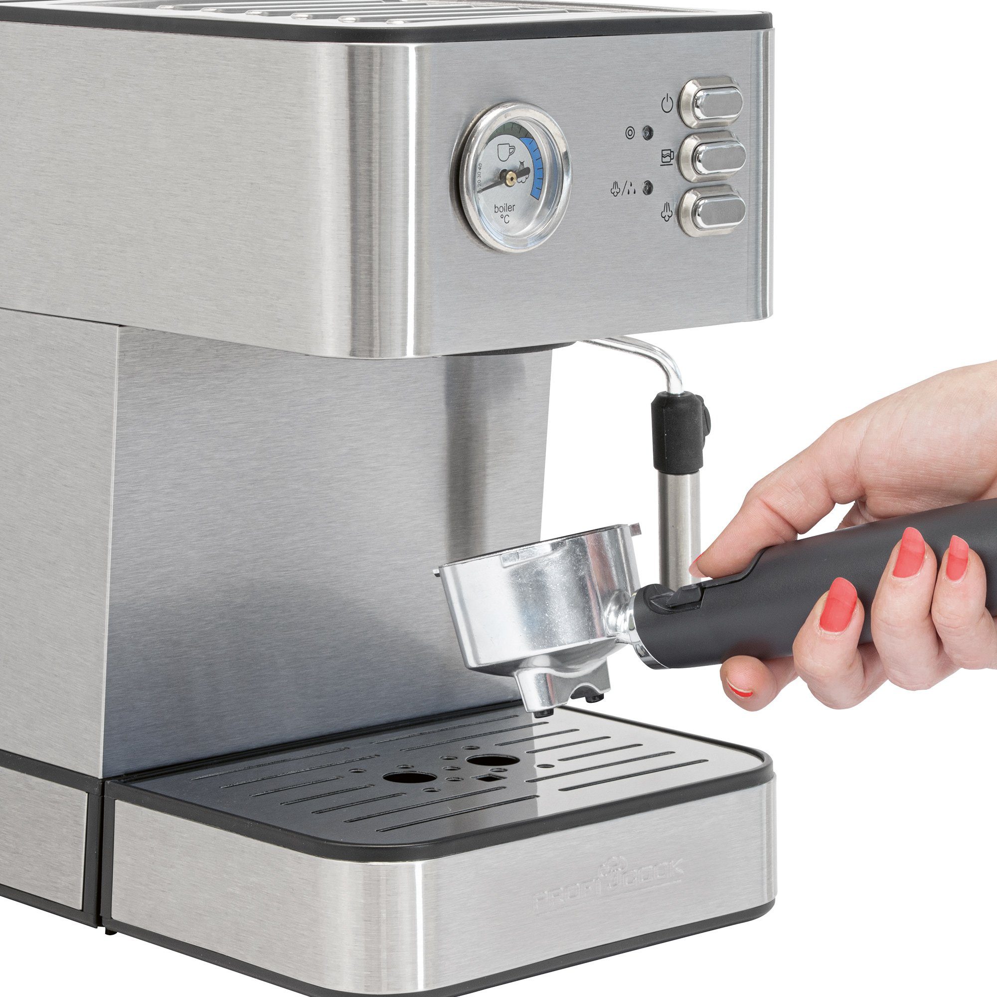PC-ES Profi-Espressopumpe, 1209, edelstahl Aufschäumfunktion Espressomaschine Alu-Druckguss-Siebträger, ProfiCook