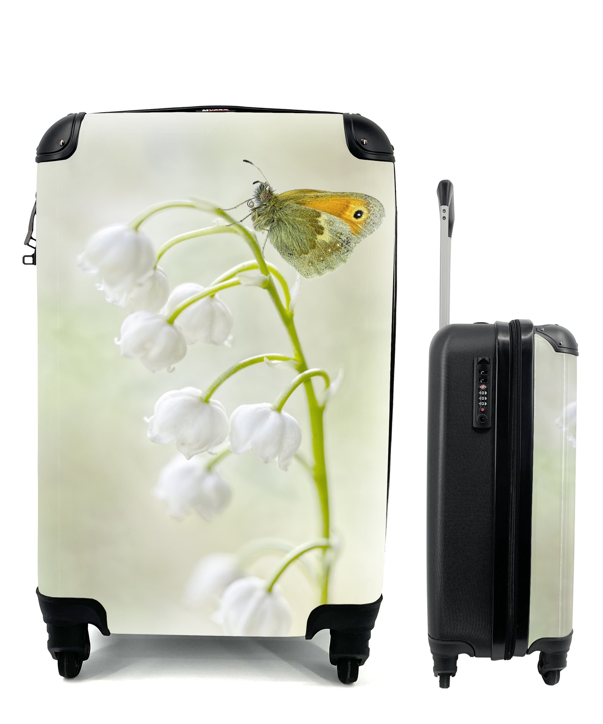 MuchoWow Handgepäckkoffer Ein Schmetterling auf einem Maiglöckchen, 4 Rollen, Reisetasche mit rollen, Handgepäck für Ferien, Trolley, Reisekoffer