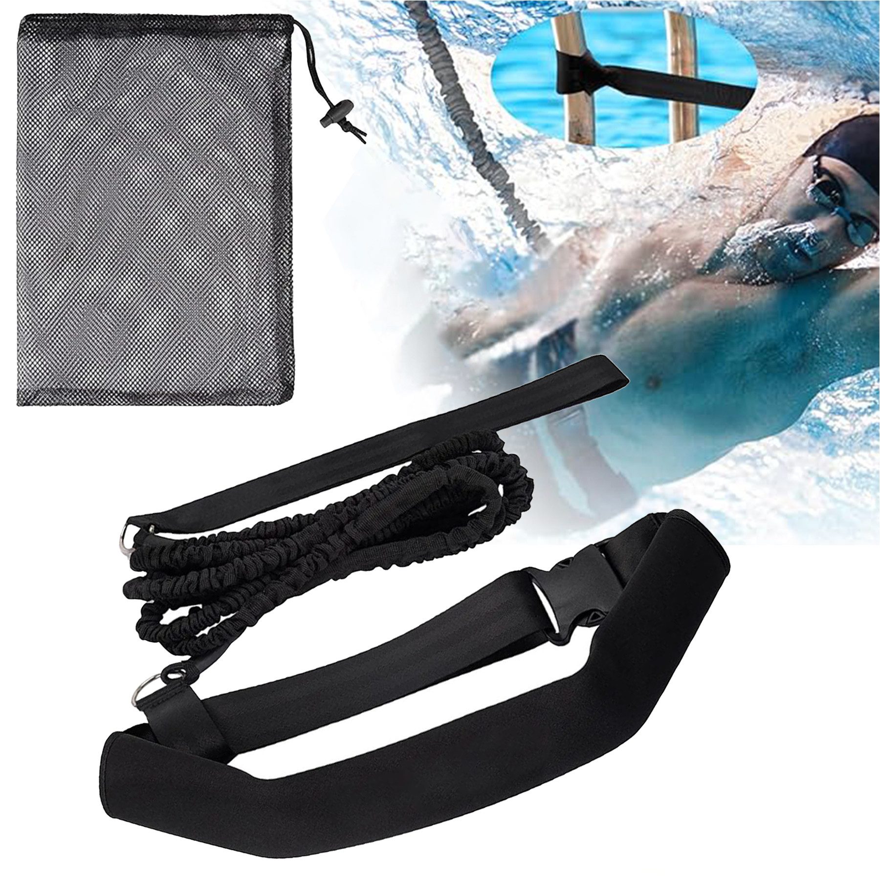 Mutig Schwimmgürtel Schwimmtrainer Schwimmgurt mit 2 x 1.5 Meter elastischen Gummibändern (für Pool wie Gegenstromanlage zum Einhängen - Bauchgurt, mit Schwimmband Widerstandstraining Gürtel Leine für Erwachsene)