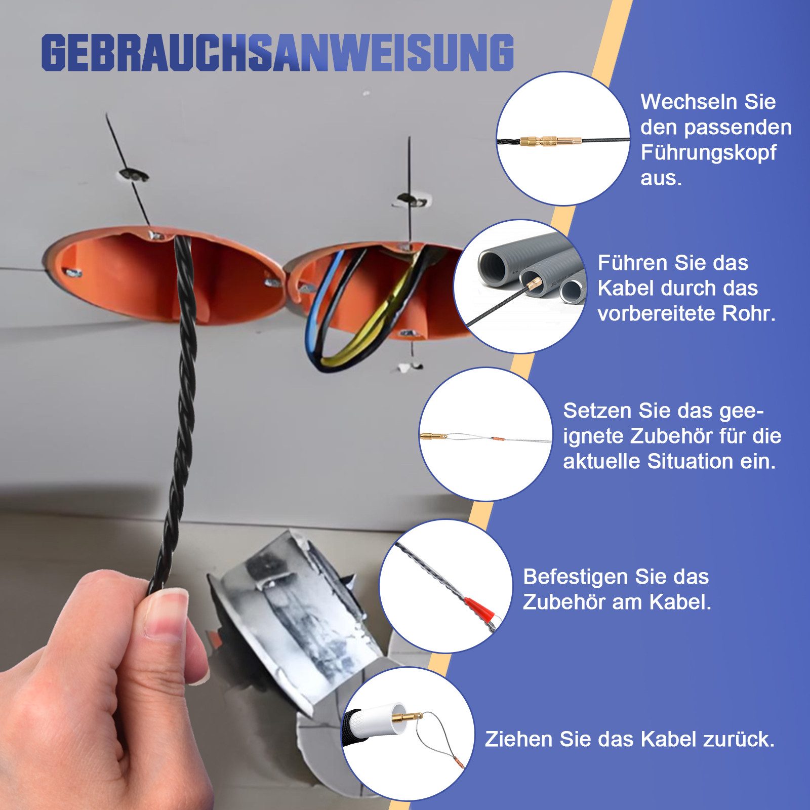 XERSEK Kabelführung Kabeleinziehhilfe 4,5mm Einziehspirale inkl. 7 Adapter Einziehhilfe (Einziehfeder Kabelzieher für Leerrohre), Zugdraht, Kabel & Elektroinsta – Bild 5 von 5