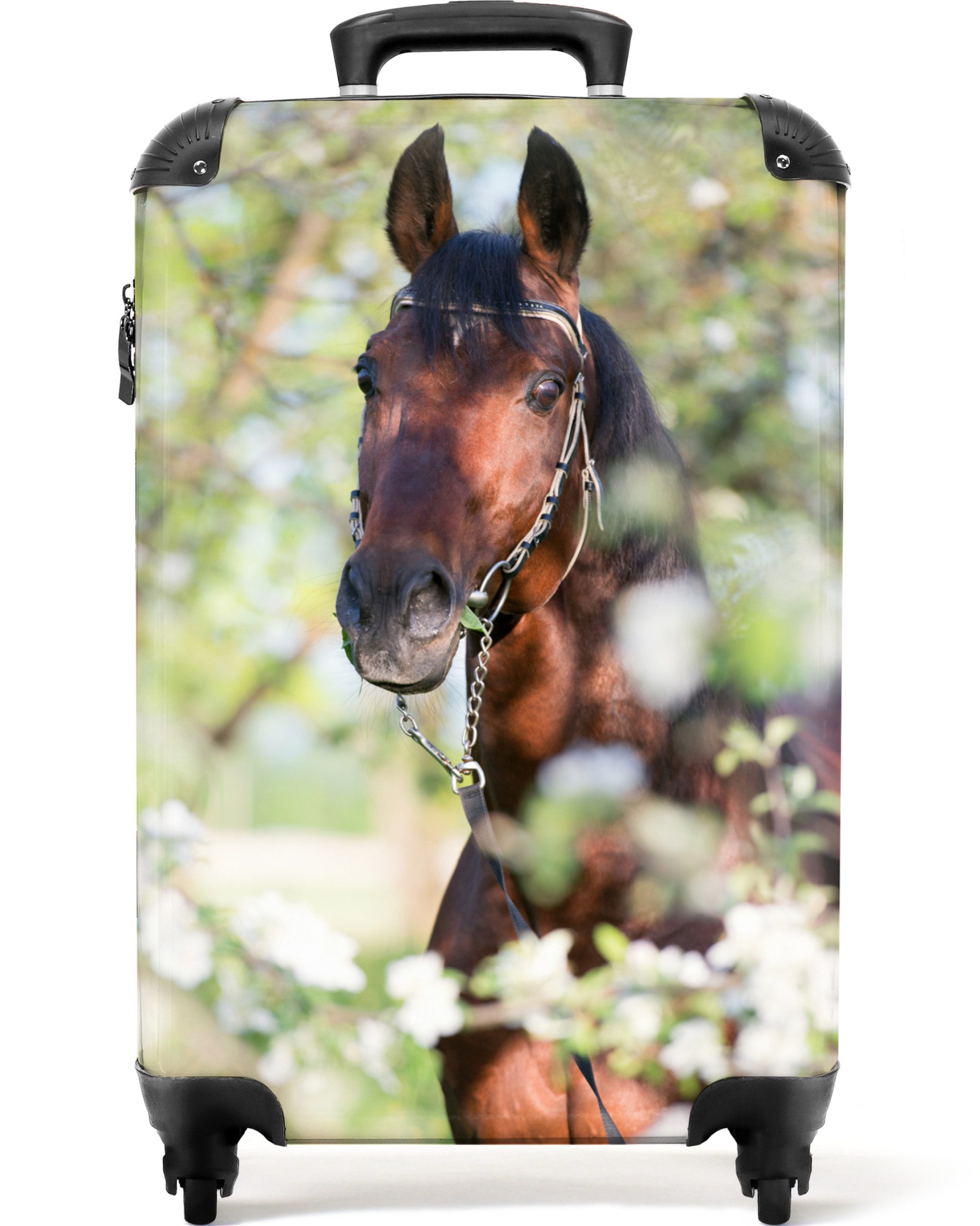 NoBoringSuitcases.com© Hartschalen-Trolley Pferd - Braun - Blumen - Kind 55x35x20cm, 4 Rollen, Kinder Koffer Klein, Trolley Handgepäck, Reisekoffer