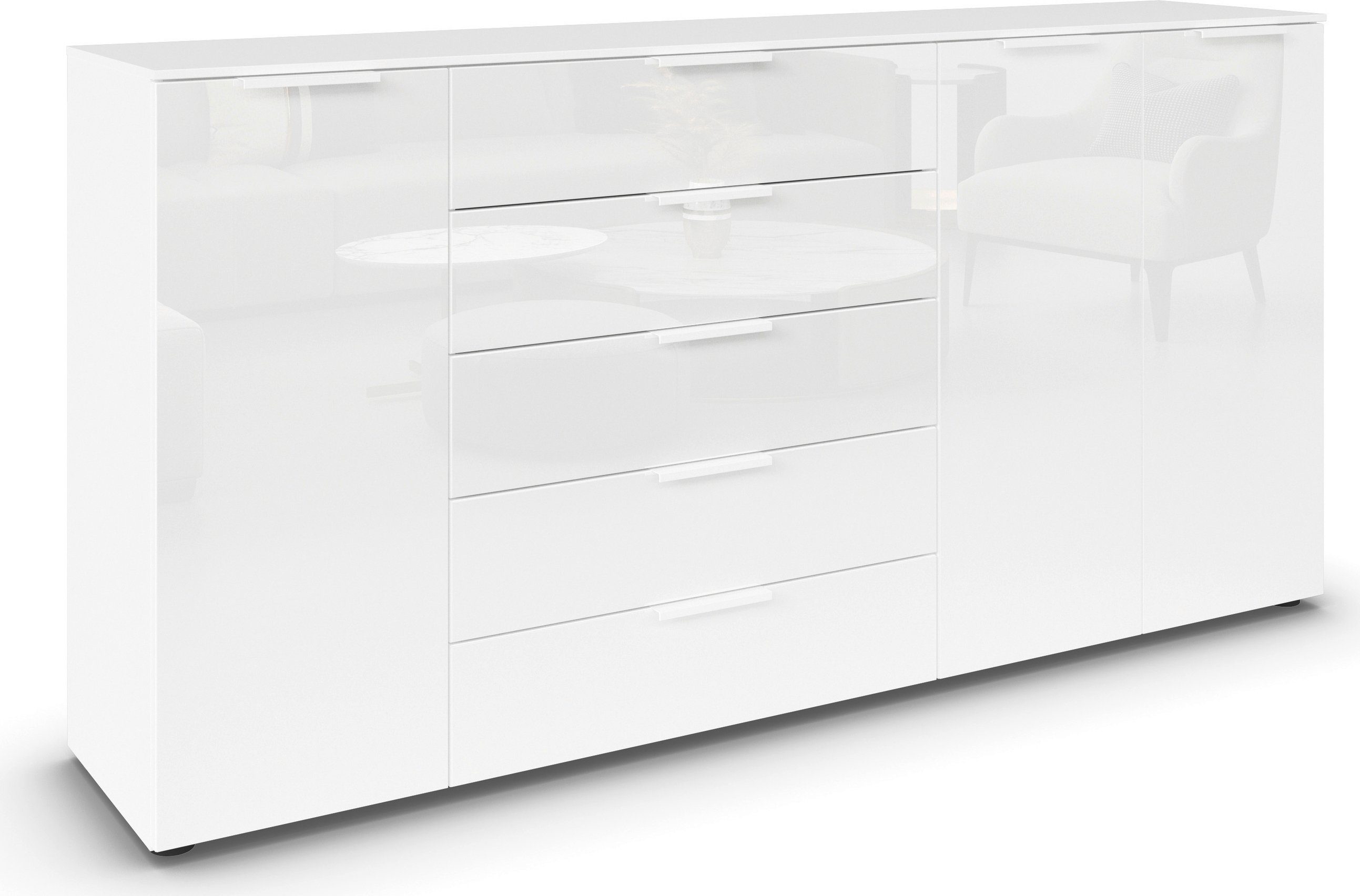 rauch Kombikommode Kommode Türkommode Sideboard Kombikommode FLIPP mit Glasfront (Breite 200 cm mit 4 Einlegeböden), 3-türig mit 5 Schubladen und Soft-Close-Funktion sowie Glasfront