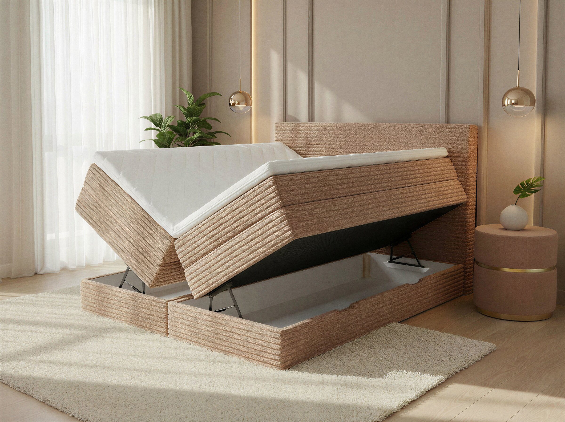 Sofnet Boxspringbett Mollo XL (2x Bettkästen, Bonellfederkern- und Taschenfederkernmatratze, Topper), Polsterbett, Doppelbett, Cord Bezug, mit Kopfteil, 140/160/180x200 cm