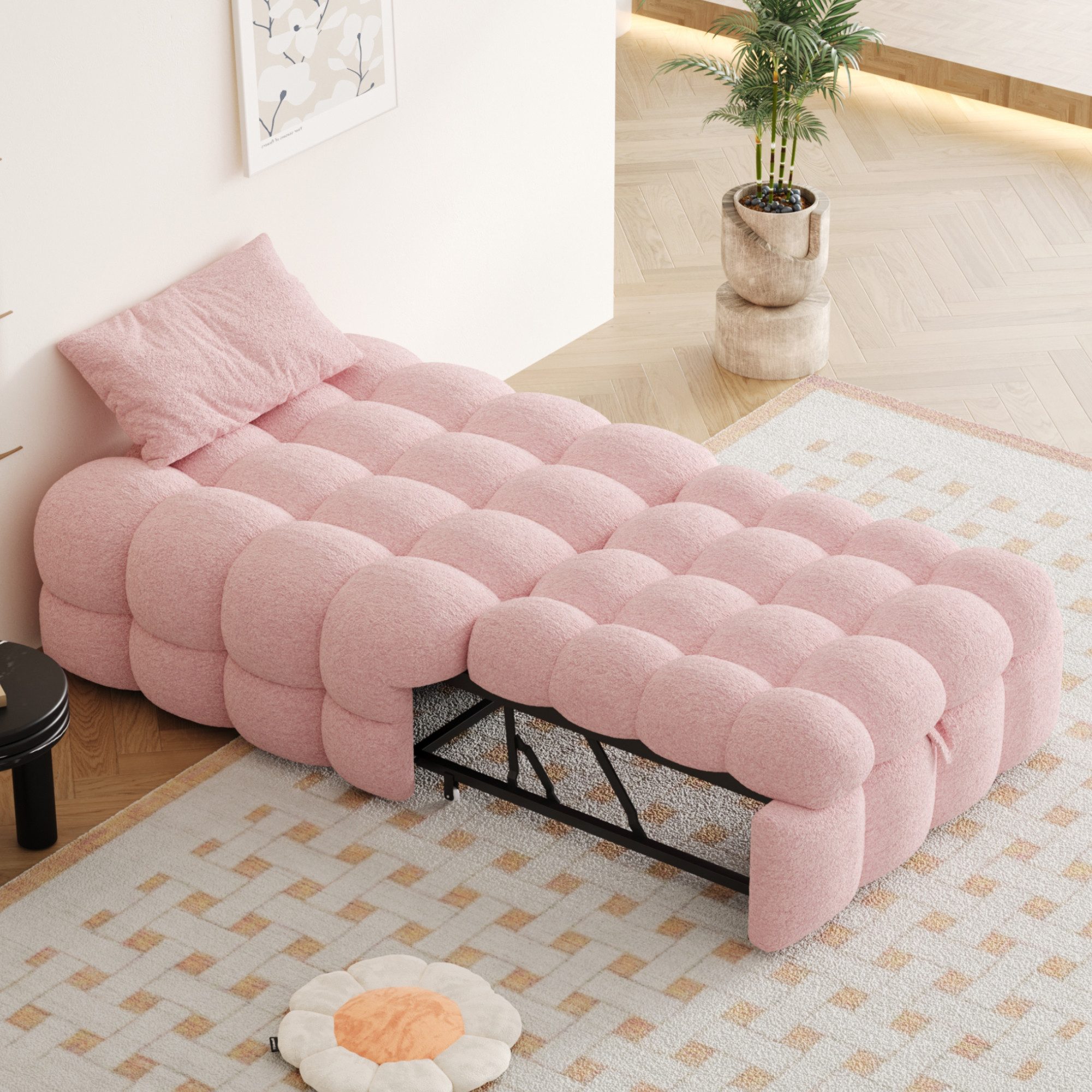 Merax Daybett aus Teddysamt (1 tlg), 2-in-1 Fußhocker Polsterbett mit Ausziehbett, Einzelbett Schlafsofa