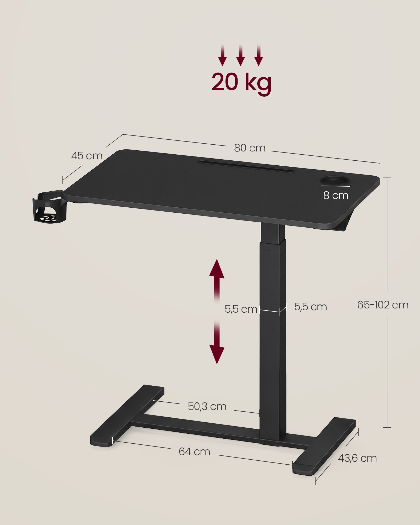 VASAGLE Schreibtisch Beistelltisch mit Rollen, mobiler Stehtisch, 80 x 45 cm große Tischplatte, mit Rollen, 2 Getränkehalter, Schlitz – Bild 5 von 5