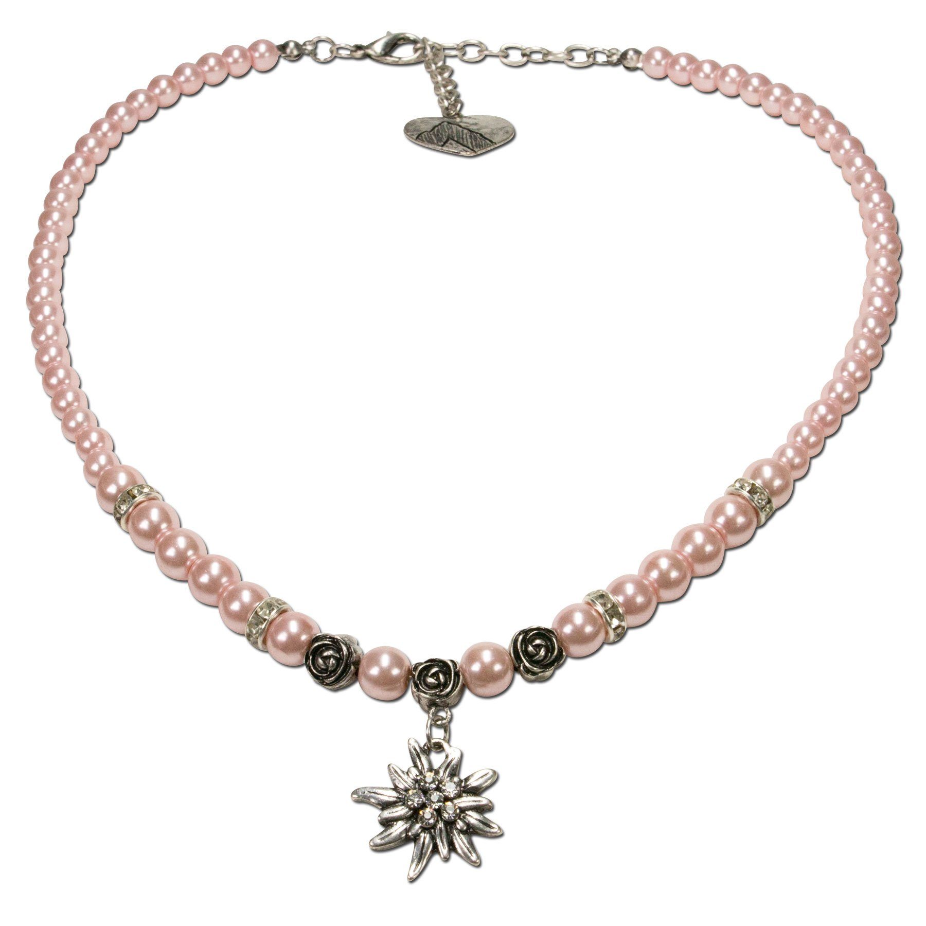 Alpenflüstern Collier Perlen-Trachtenkette Fiona mit Strass-Edelweiß klein (rosé-rosa), - Damen-Trachtenschmuck Dirndlkette