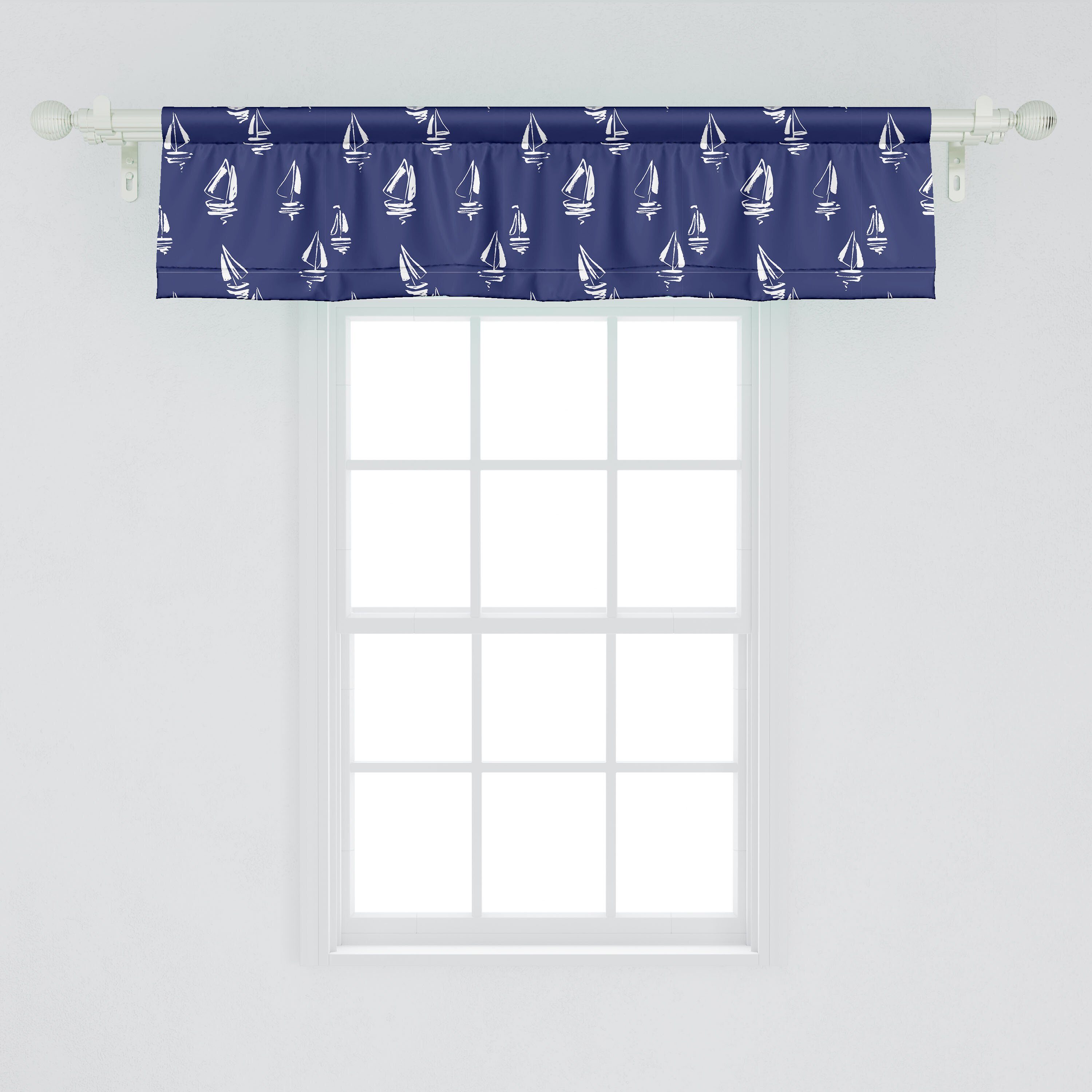 Vorhang Volant Doodle Schlafzimmer Küche Navy mit Segelyacht Dekor Scheibengardine Microfaser, Abakuhaus, Stangentasche, für blau