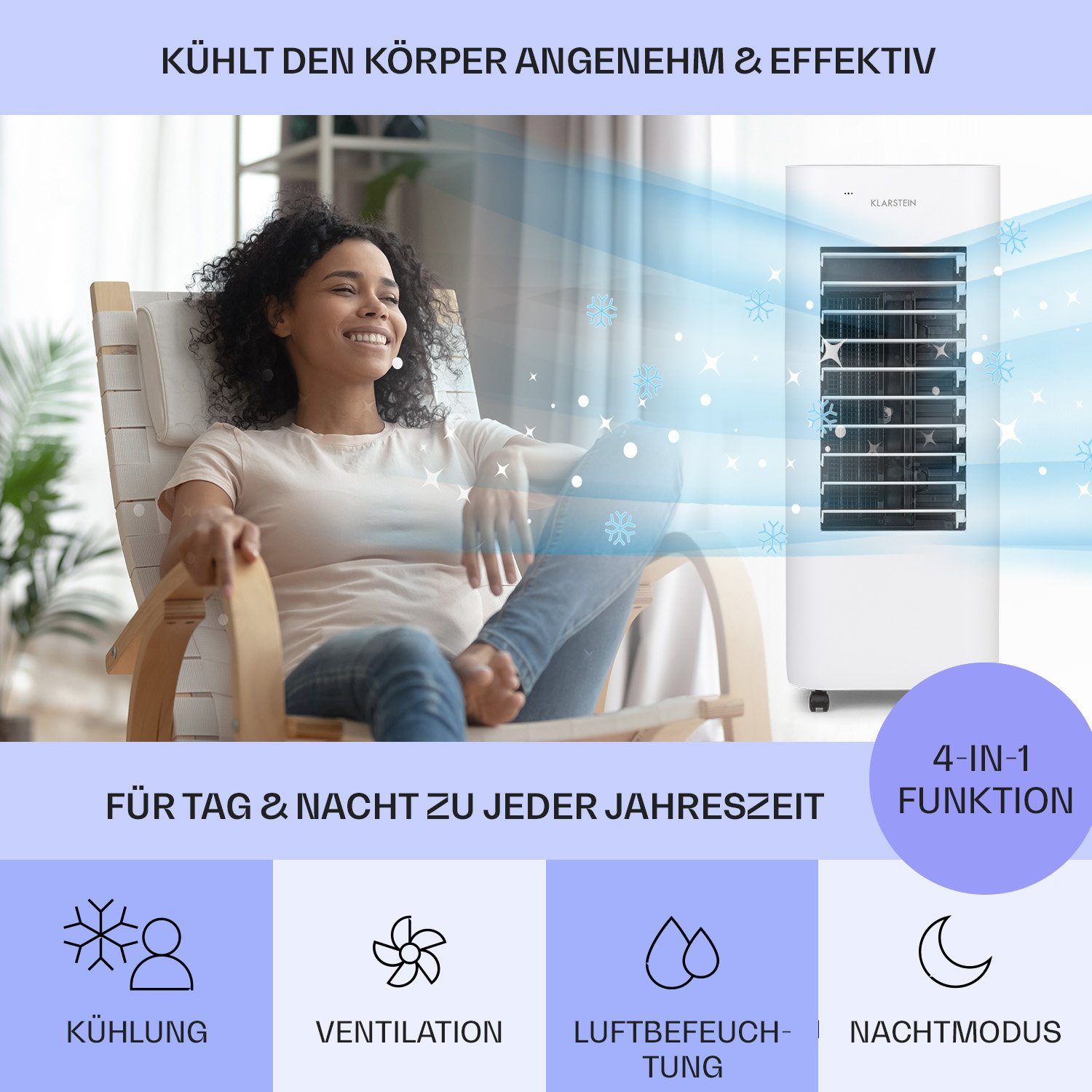 mit ohne mobil Luftkühler, Eis IceWind Wasserkühlung Max Weiß 3-in-1 Abluftschlauch Klarstein Klimagerät Ventilatorkombigerät &