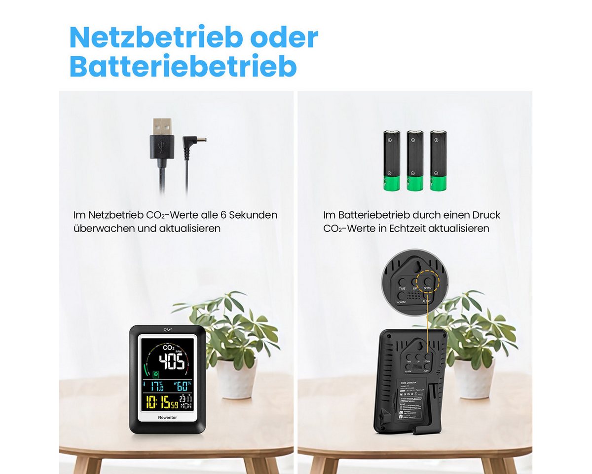 Thumbnail - NEWENTOR LIFE Raumluft-Qualitätssensor CO2 Messgerät, 4 CO2-Konzentrationsstufen mit Lüftungsempfehlungen, (ohne Batteri...