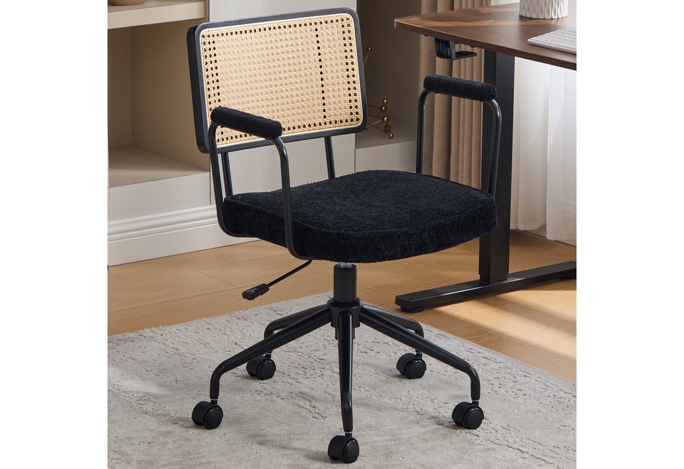SeedWave Bürostuhl mit Rattan-Rückenlehne, Höhenverstellbarer Drehstuhl mit Polstersitz, Metallgestell Schreibtischstuhl im Industrial Stil für Home Office
