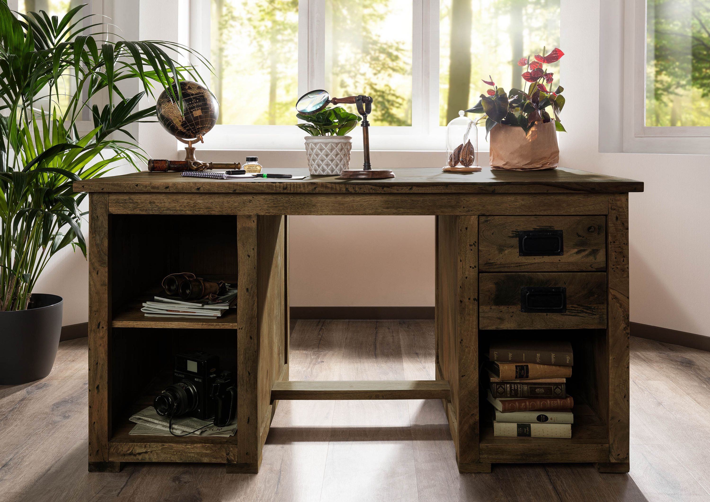 Massivmoebel24 Schreibtisch RAILWAY (Massivholz, Massivholztisch), Schreibtisch Mango 140x80x76 braun lackiert RAILWAY #461