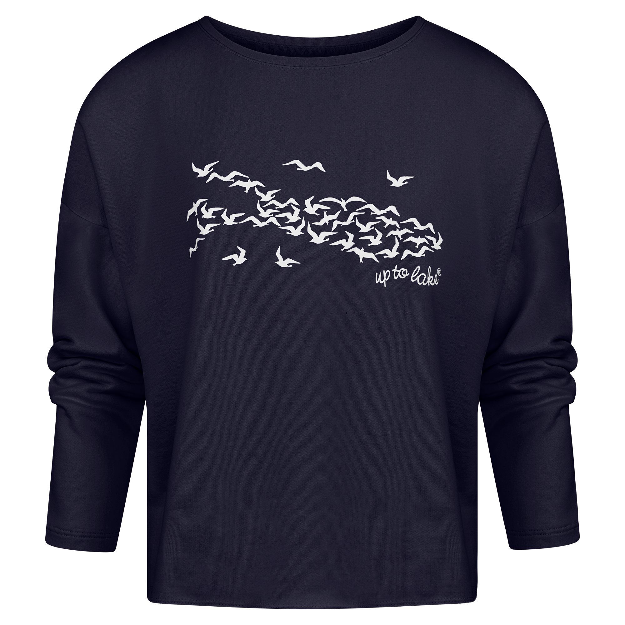 uptolake design Sweatshirt für Damen aus weichem Baumwollstoff mit "Mövensee-Bodensee" Design Blau/Weiß