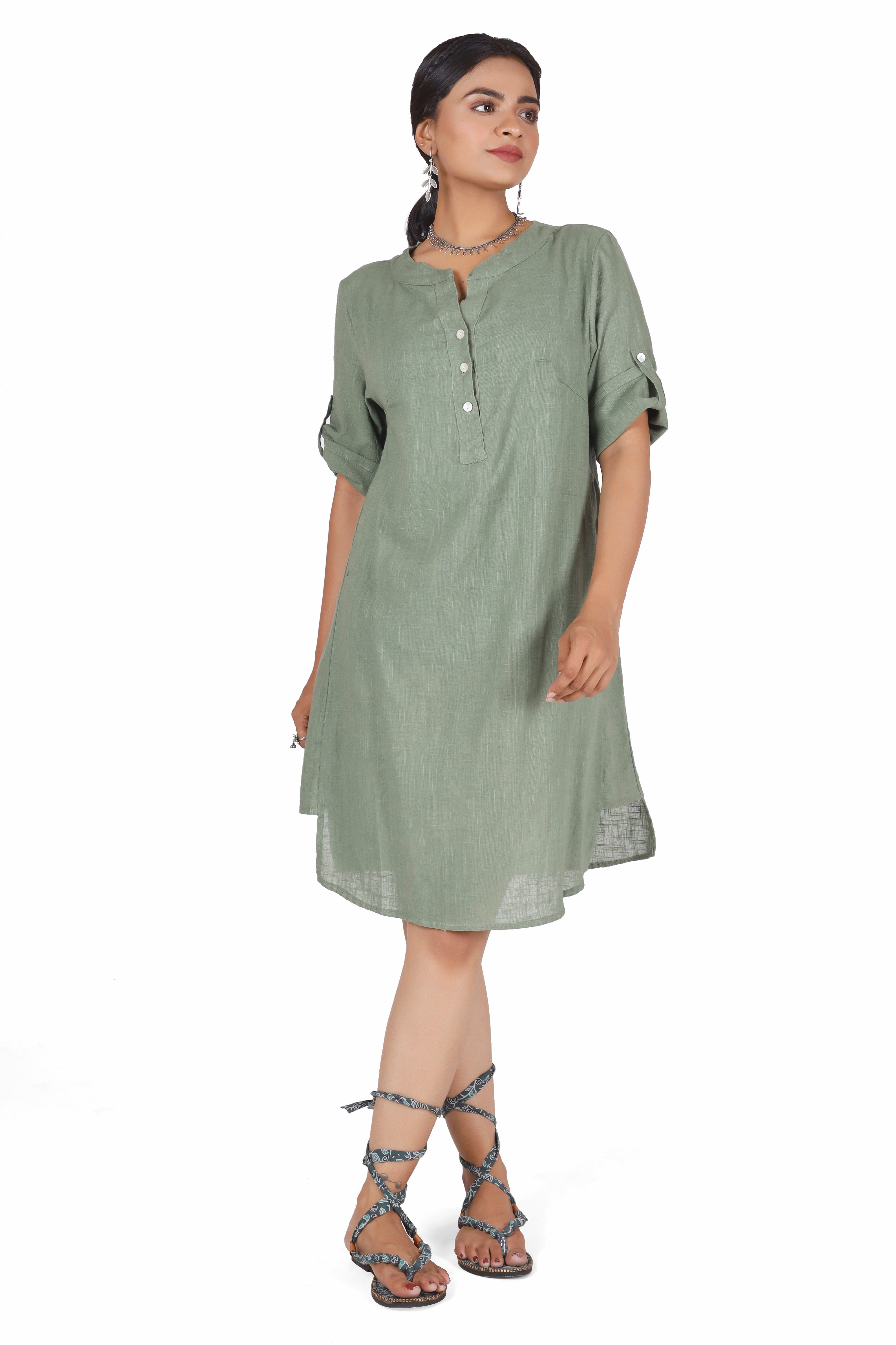 Guru-Shop Longbluse Lange Baumwoll Blusentunika, Bekleidung Hemd-Tunika alternative olivgrün 