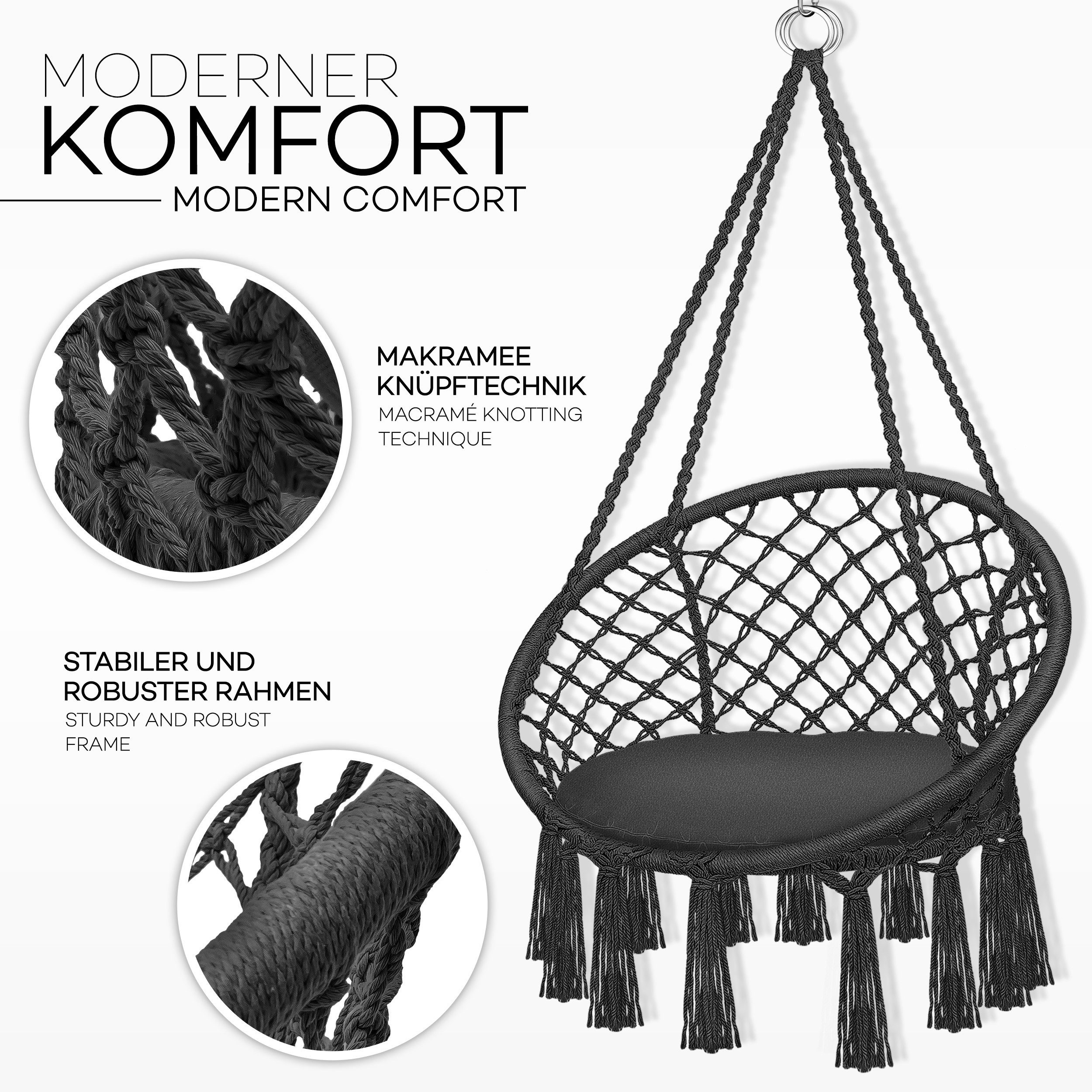 tillvex Hängesessel tillvex® Hängesessel Hängestuhl Hängeschaukel Hängekorb Hängesitz (Set, Hängesessel, Kissen, 4 Seile mit 2 Stahlringen), Kissen – Bild 2 von 5