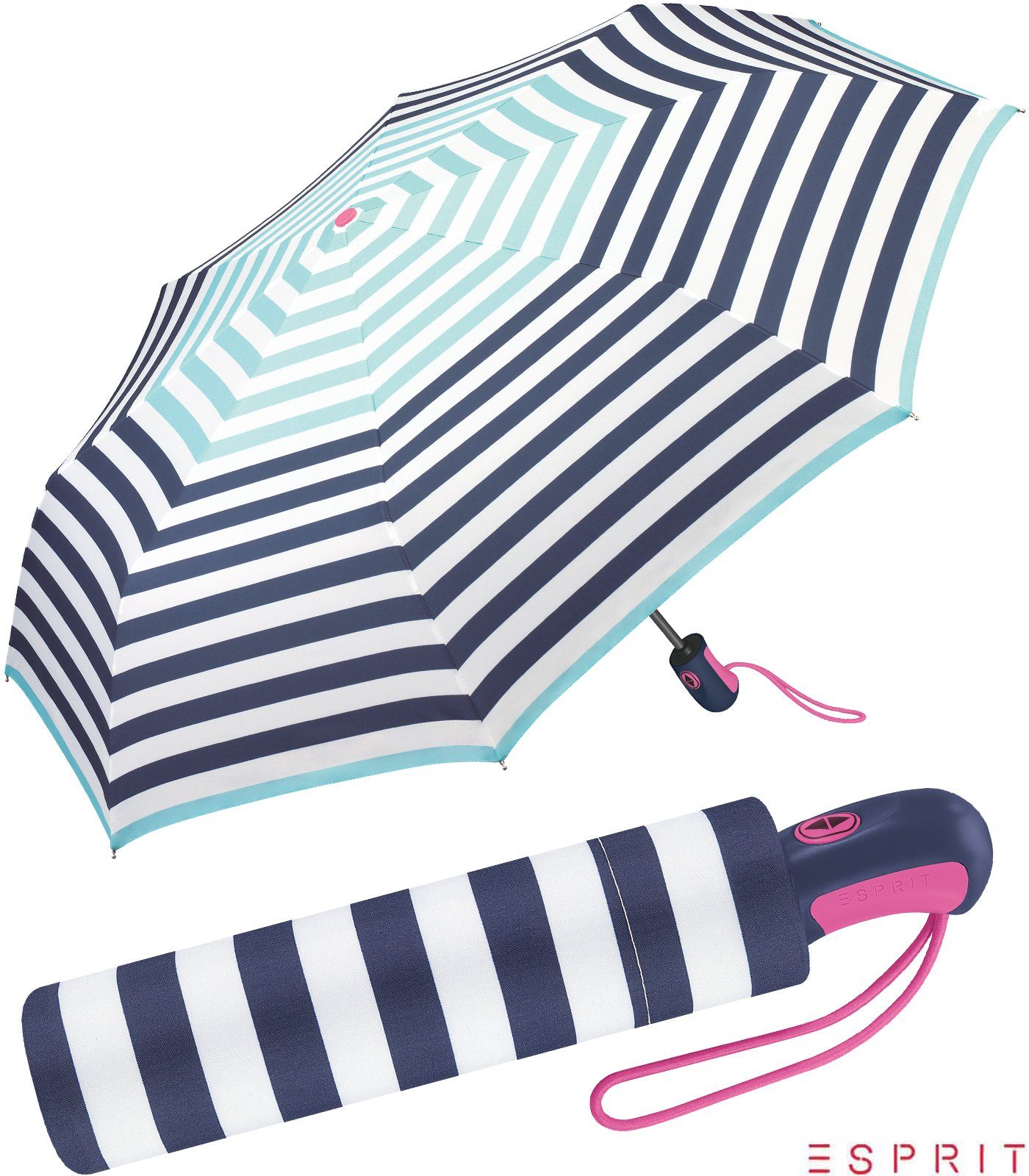 Esprit Taschenregenschirm schöner Schirm für Damen mit Auf-Zu Automatik, mit jugendlichem Streifenmuster - hellblau-navy